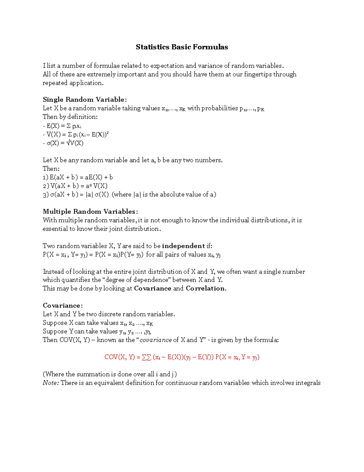 Statistics Basic Formulas Latest - Statistics Basic Formulas I list a ...