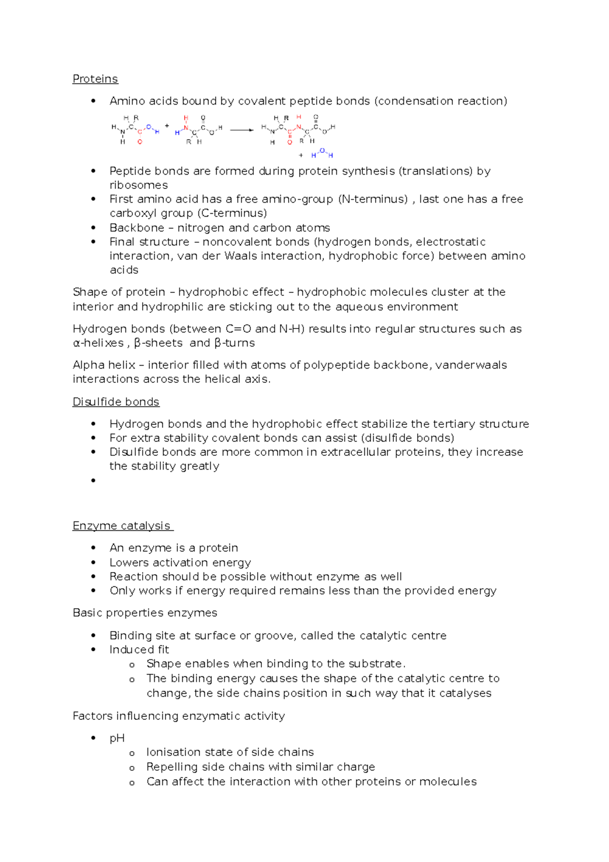 Proteins And Enzymes Proteins Amino Acids Bound By Covalent Peptide Bonds Condensation