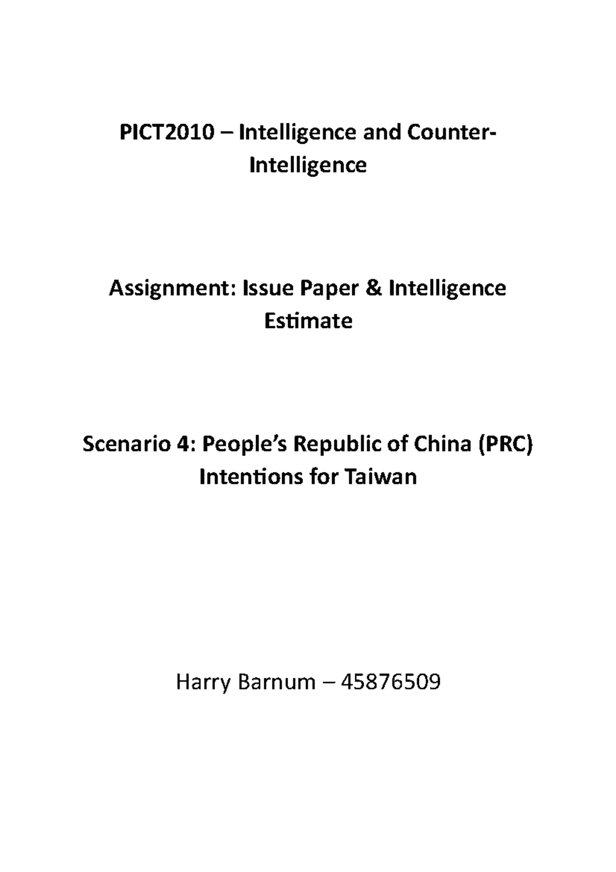 PICT 2010 Issue Paper Intelligence Estimate PICT2010 Intelligence and Counter