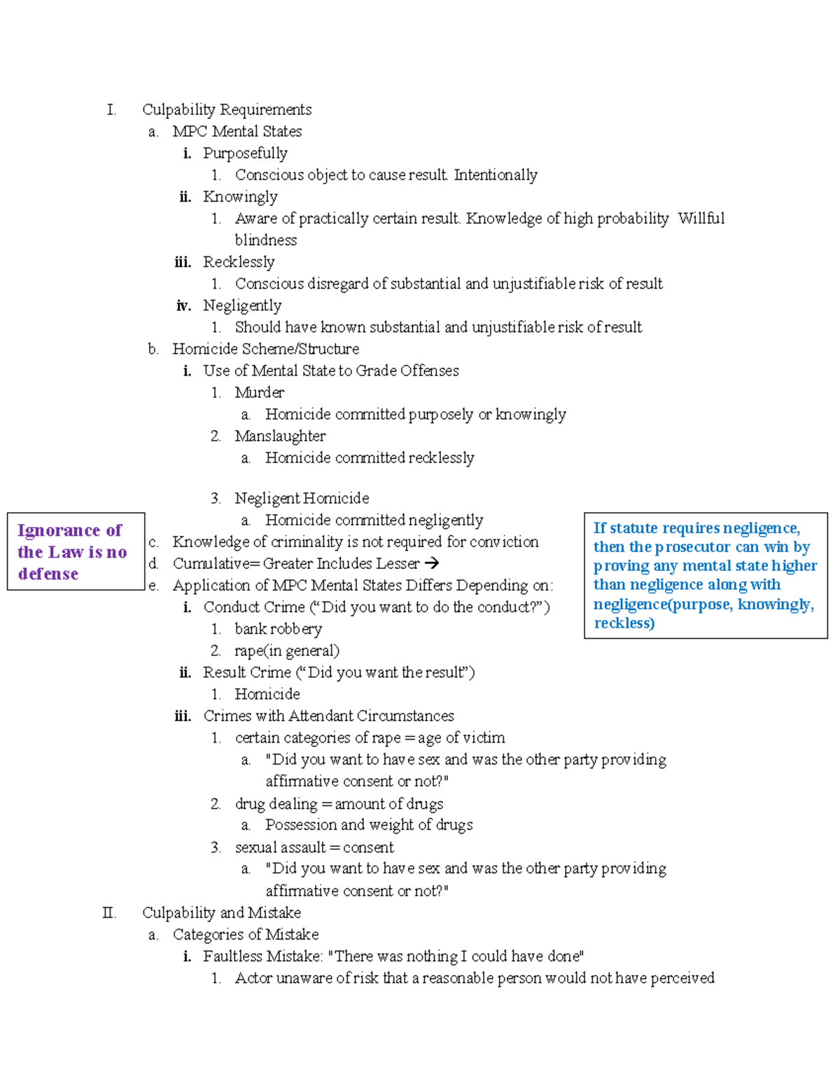 Crim Law Outline - Professor Hall - I. Culpability Requirements a. MPC ...