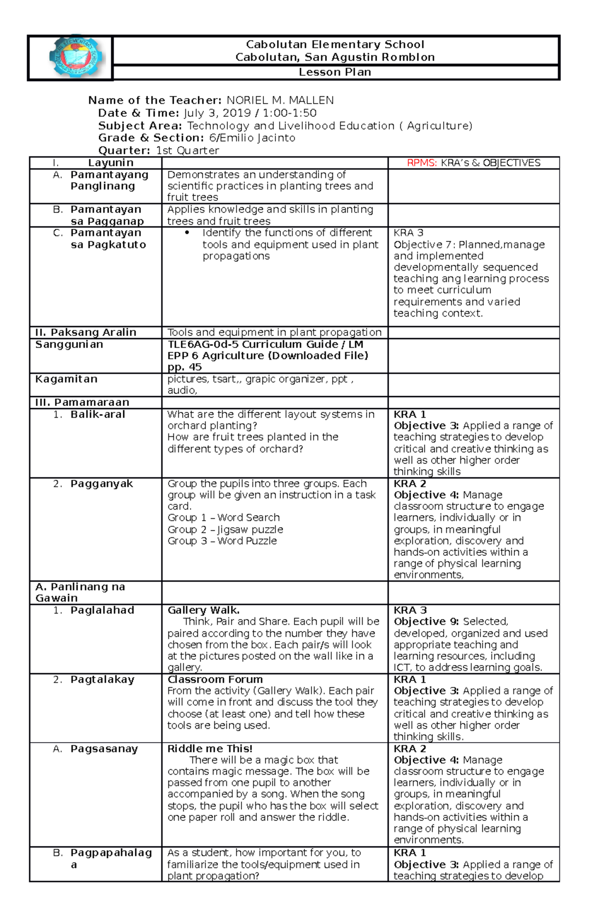 Sir Neil Demo Plan 1st Quarter - Cabolutan Elementary School Cabolutan ...