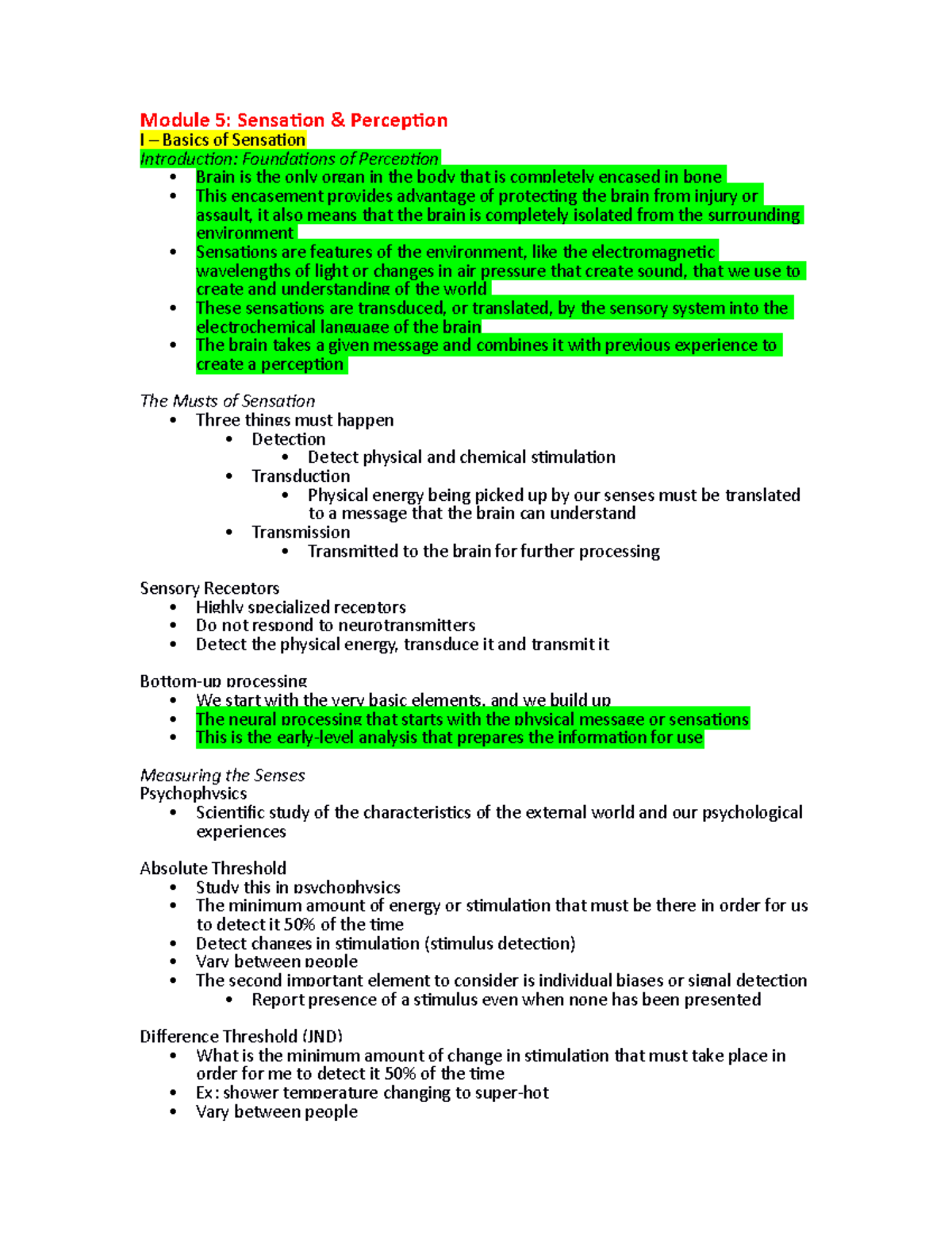 PSY1101 Module 5 Notes - Module 5: Sensation & Perception I – Basics of ...