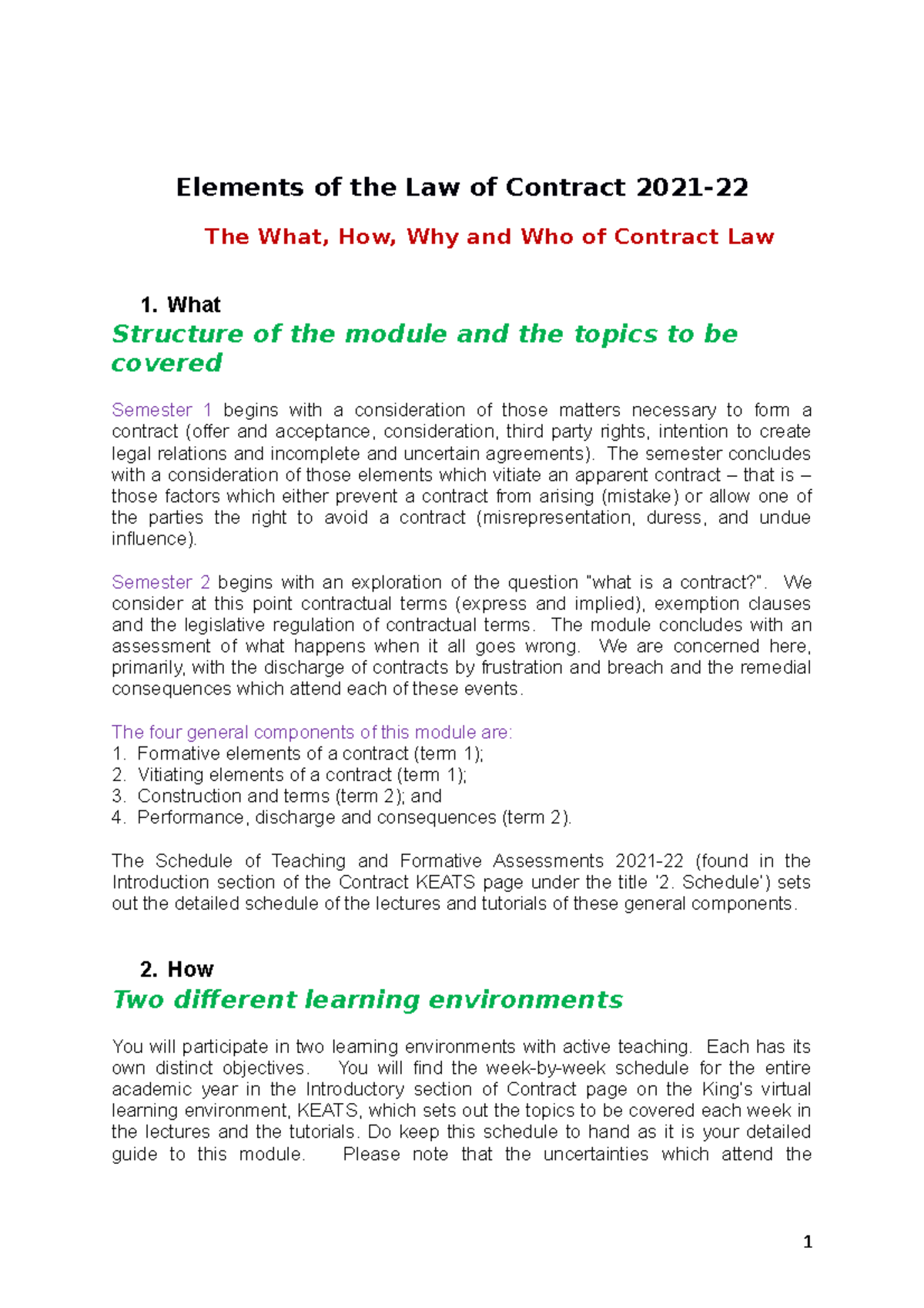 1 Module Introduction 2021-22 Contract Law - Elements Of The Law Of ...