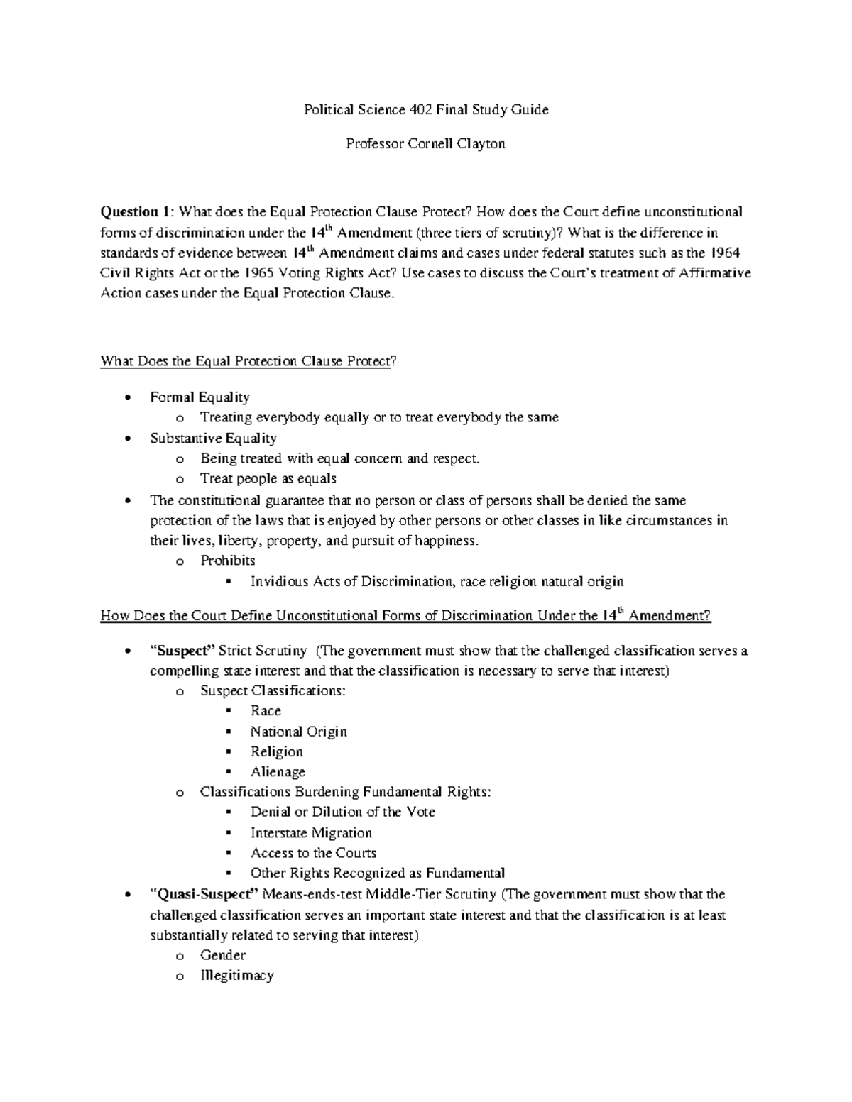 Final Study Guide For Professor Clayton , Political Science - Political ...