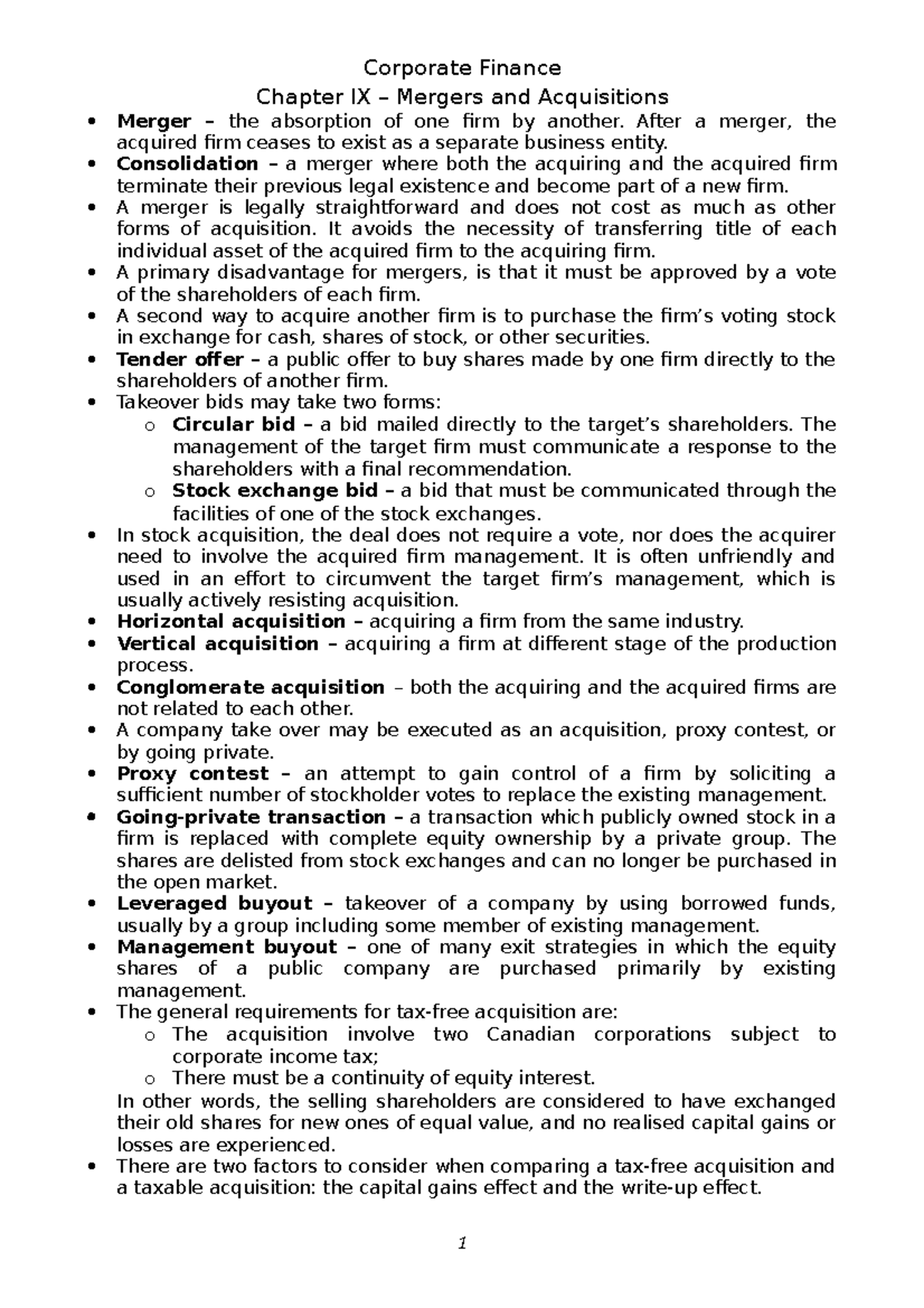 Lecture notes, lecture 1 - Mergers and acquisitions - finance 2 ...