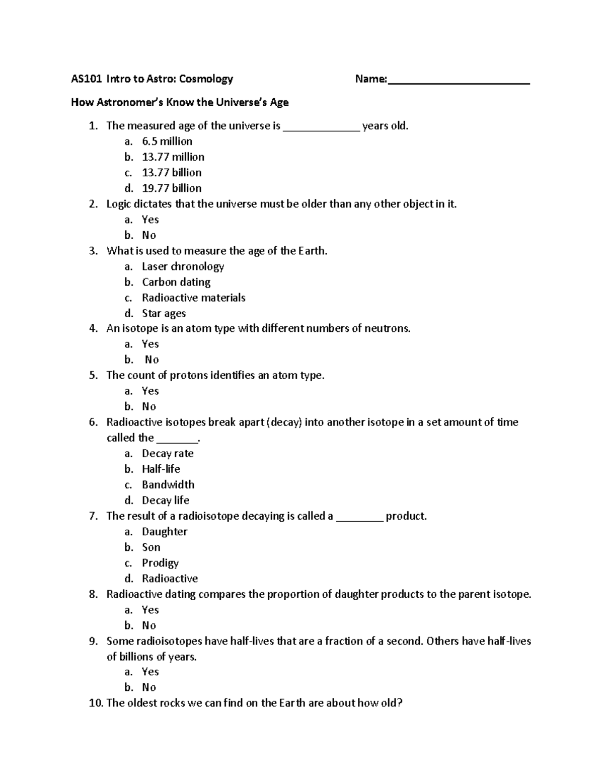 How Astronomers Know the Universes Age Worksheet 1 - AS101 Intro to ...
