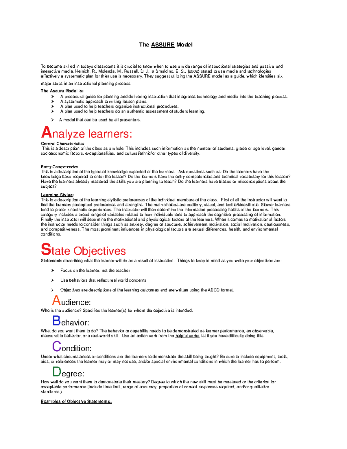 ECT 3300 Handout notes Assure Model of Instructional Planning - The ...