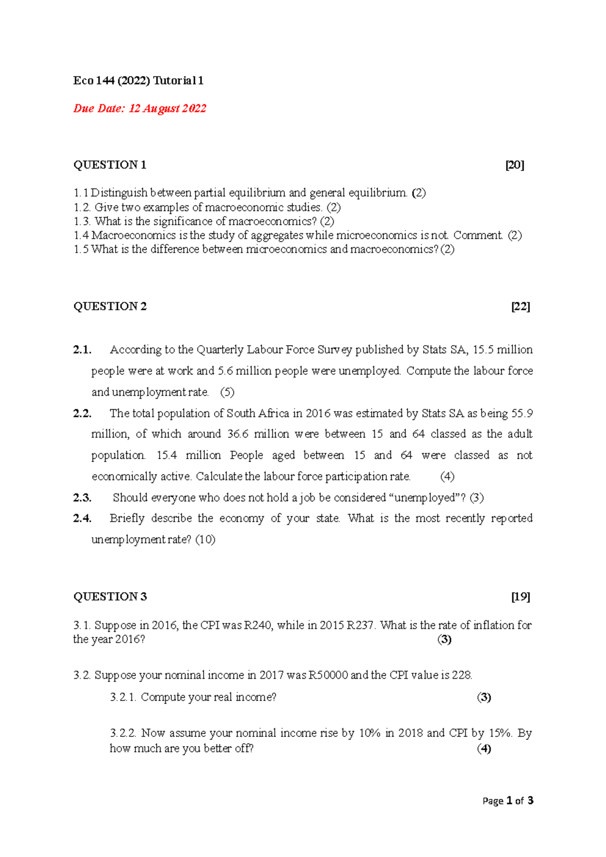 Eco 144 Tutorial 1 - Eco 144 (2022) Tutorial 1 Due Date: 12 August 2022 ...