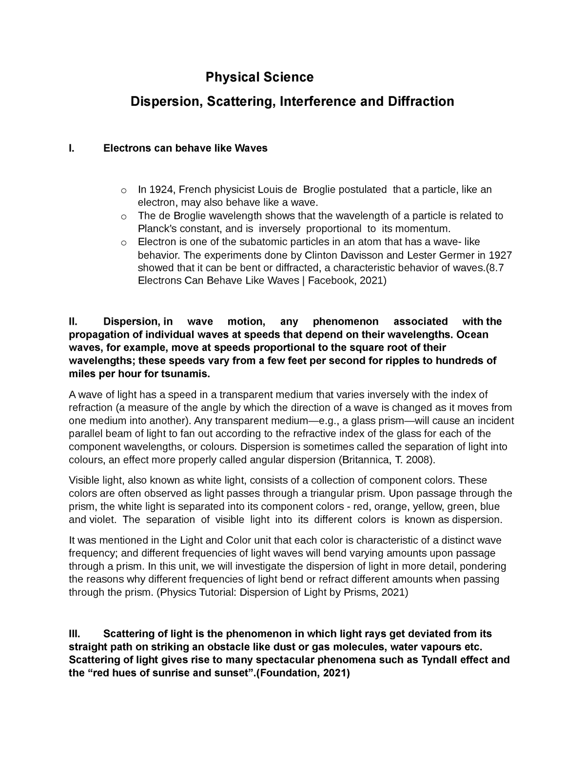 Physical Science Dispersion, Scattering, Interference and