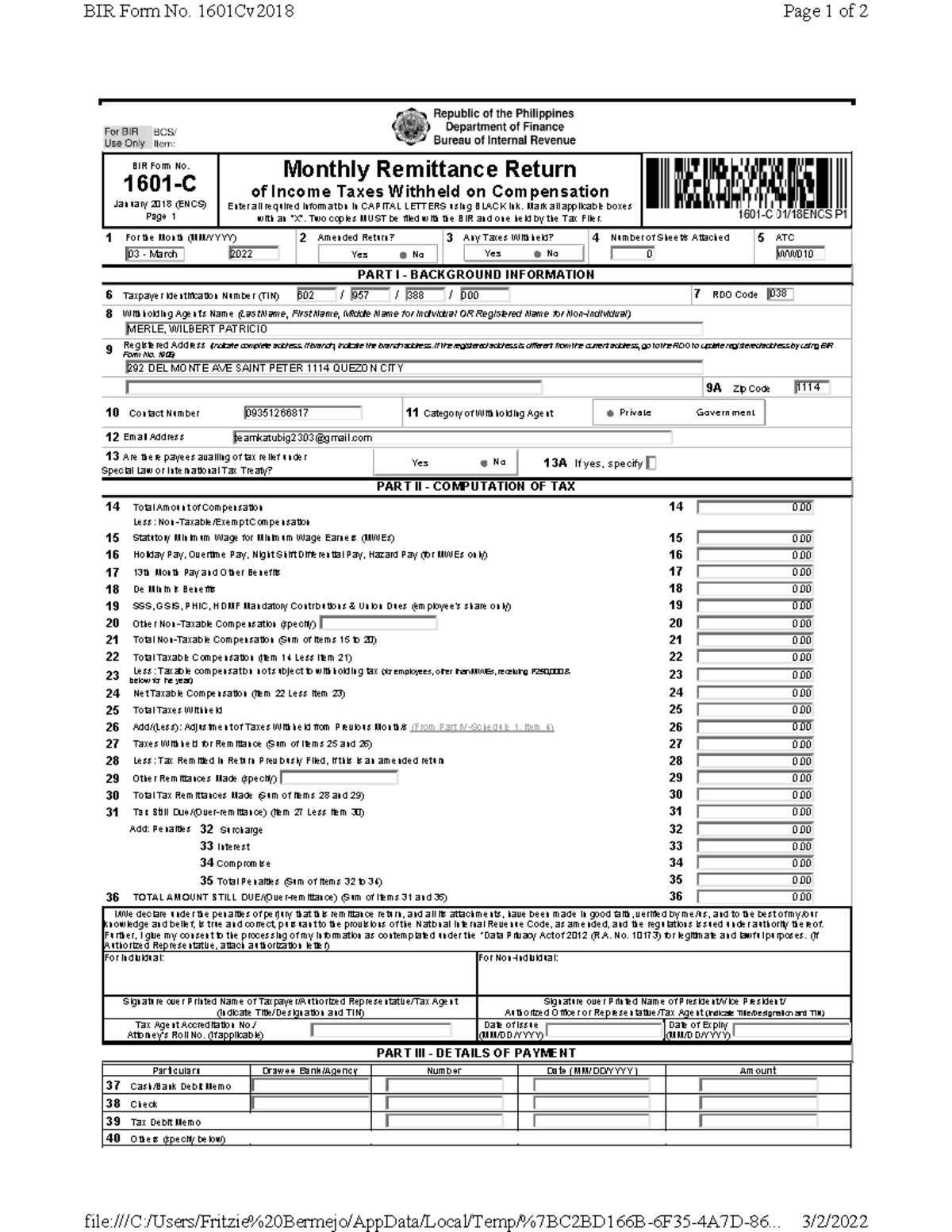 %7BC2BD16 - BIR Form No. 1601-C January 2018 (ENCS) Page 1 Monthly ...