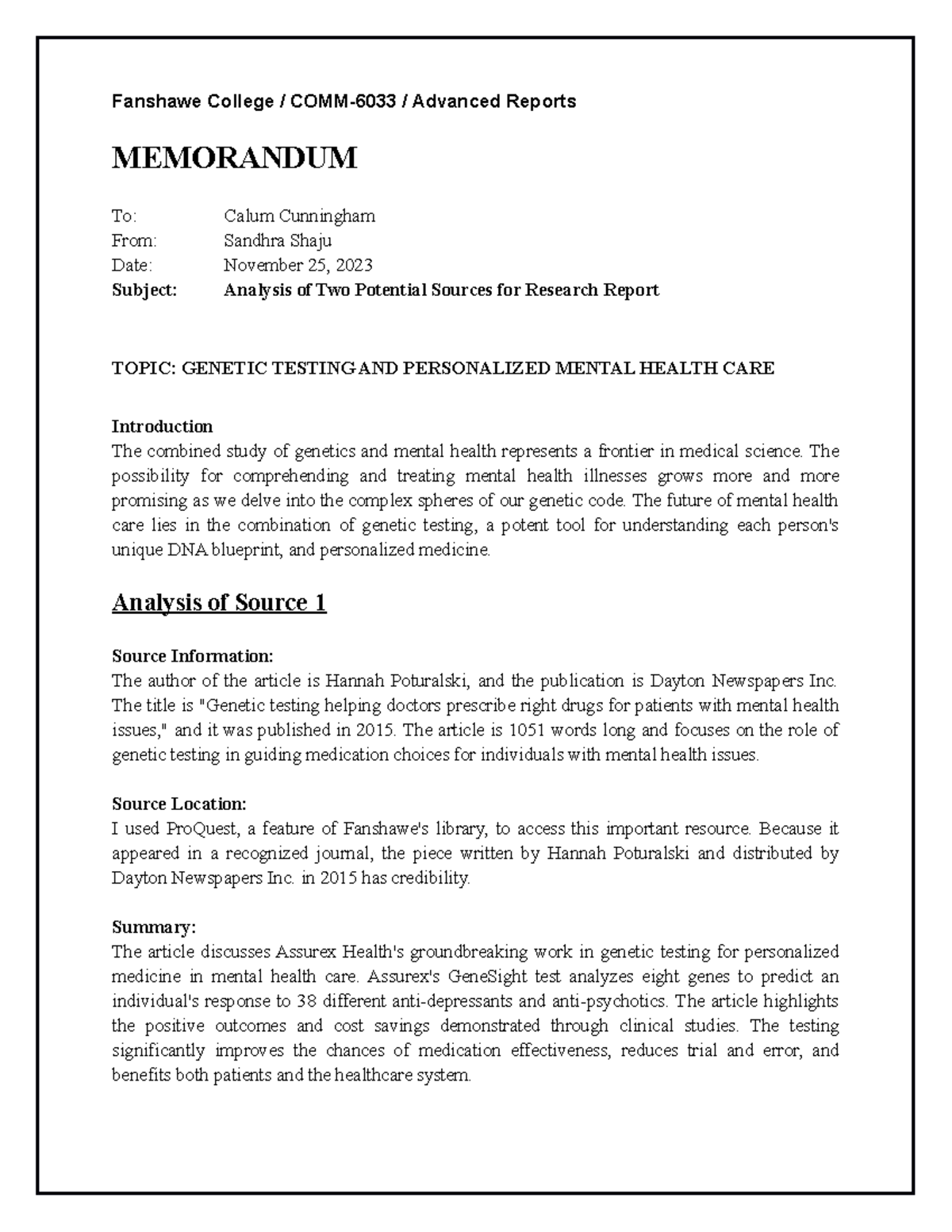 Mental health memo - good - Fanshawe College / COMM-6033 / Advanced ...