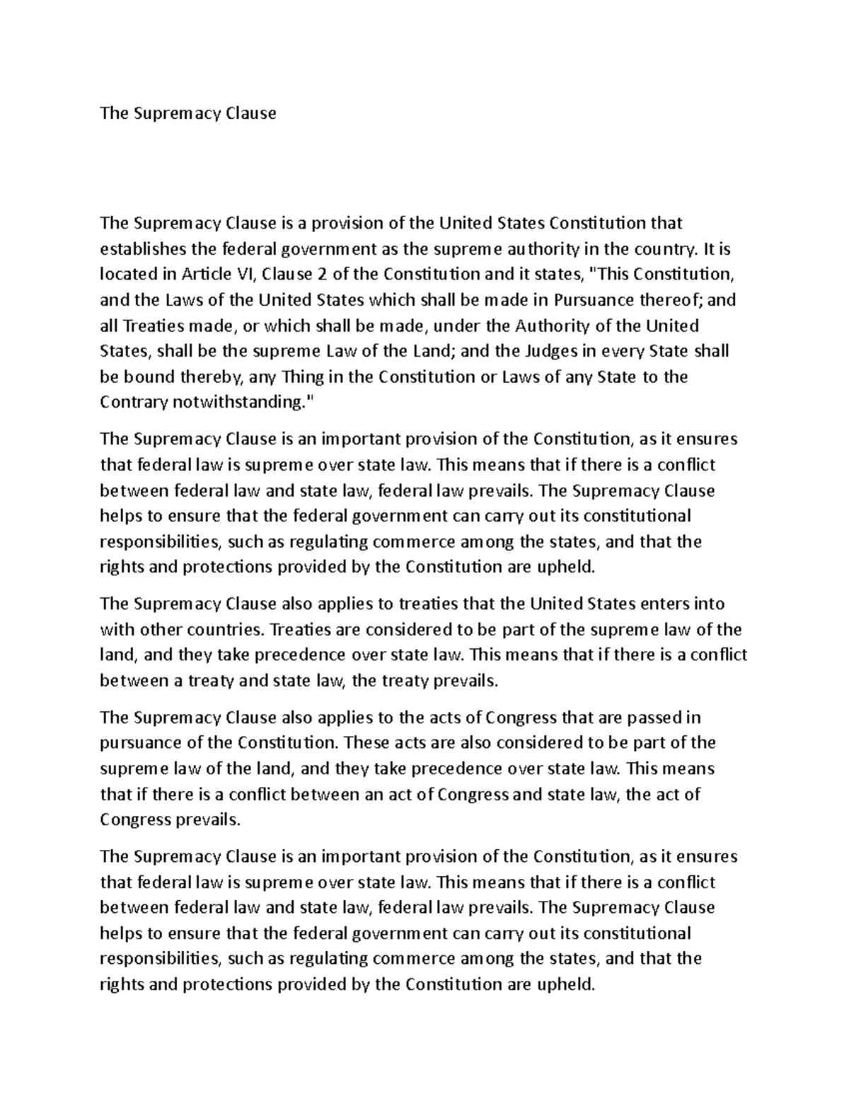 The Supremacy Clause notes The Supremacy Clause The Supremacy Clause