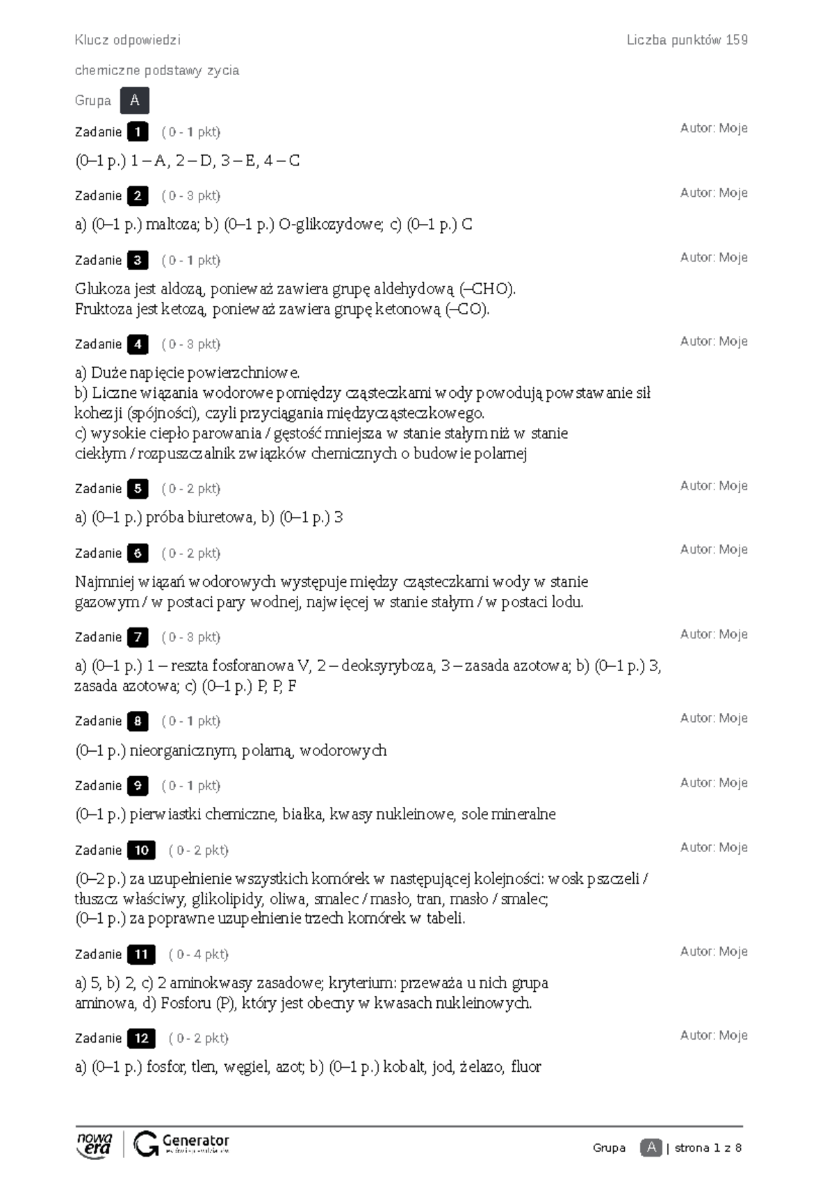 Klucz odpowiedzi - test 1 klasa 1 - Grupa A | strona 1 z 8 Klucz
