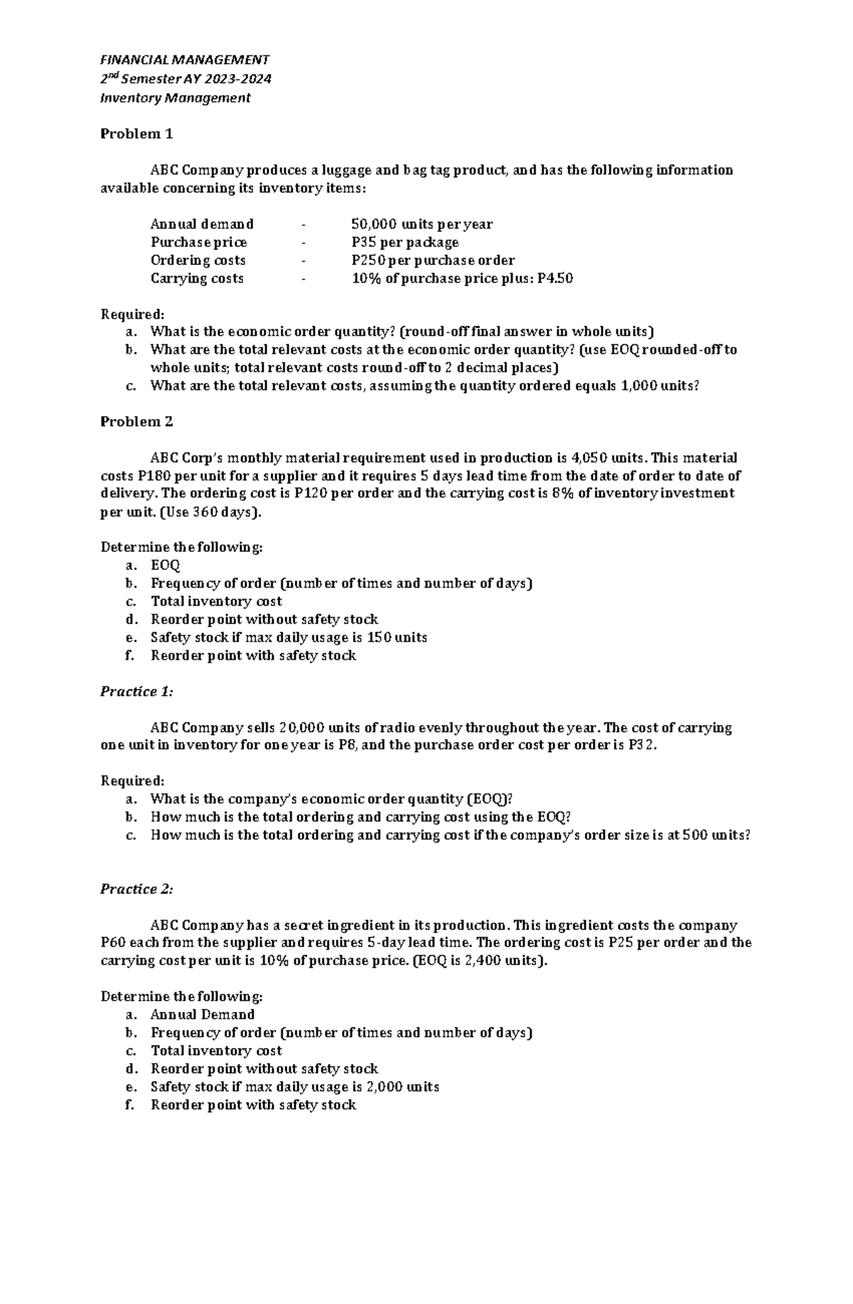 Financial Management-Exercises - FINANCIAL MANAGEMENT 2 nd Semester AY ...