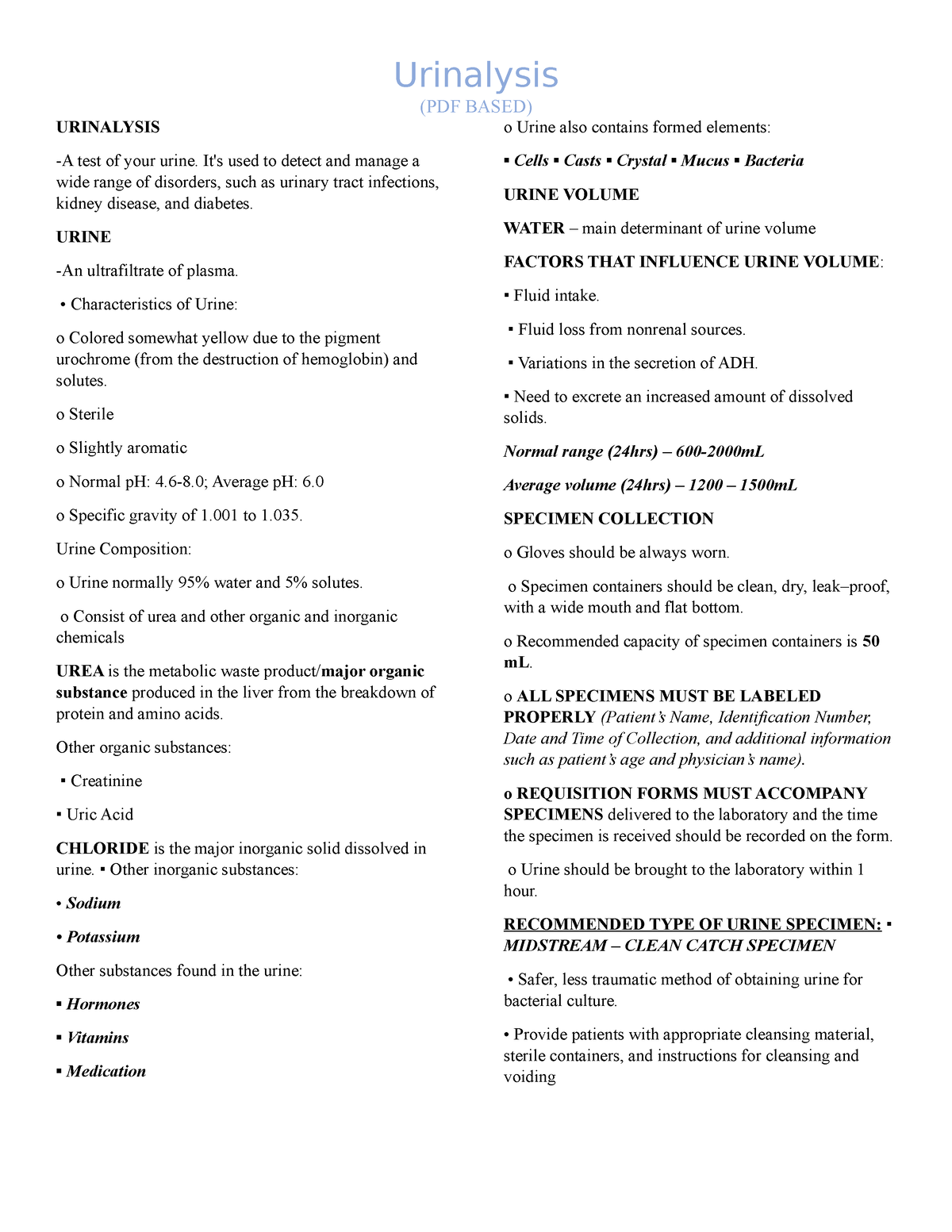 Urinalysis - Reviewer Anaphy Lab - Urinalysis (PDF BASED) URINALYSIS -A ...