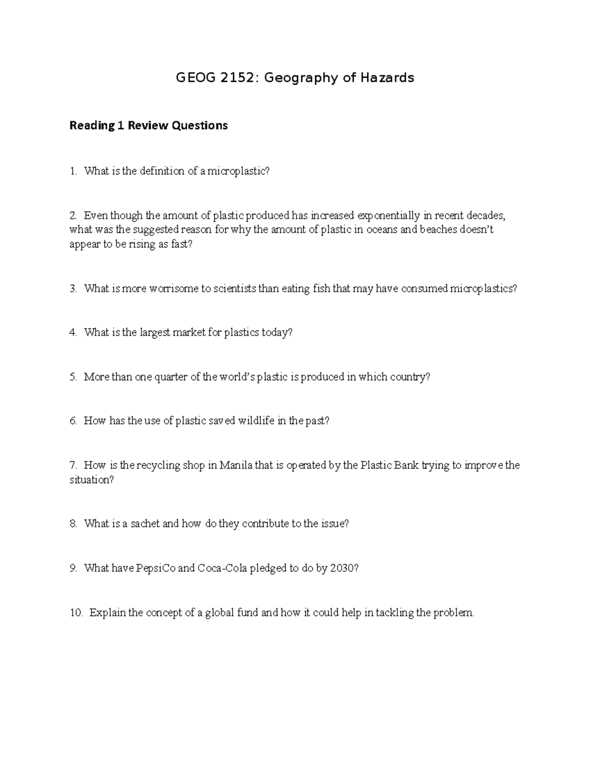 Reading 1 Questions - practice - GEOG 2152: Geography of Hazards ...