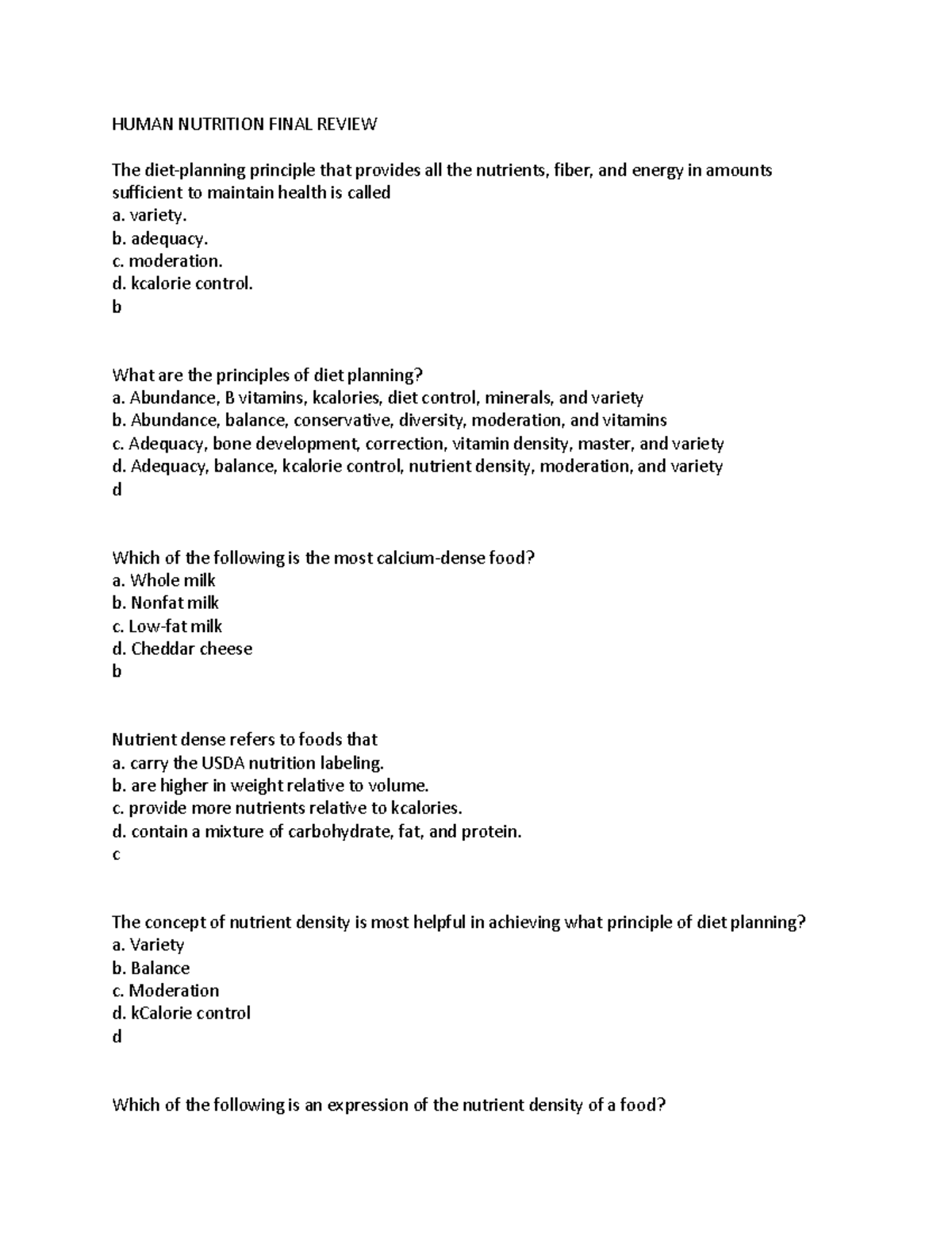 Human Nutrition Final Review HUMAN NUTRITION FINAL REVIEW The Diet planning Principle That