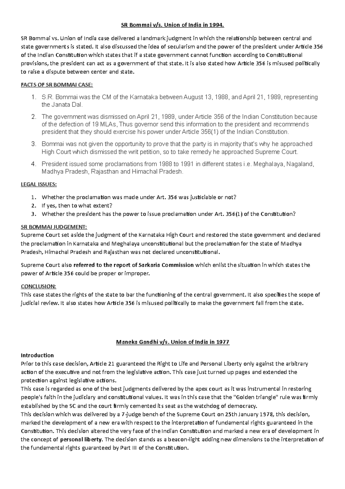 Practical exam Notes SR Bommai v/s. Union of India in 1994. SR