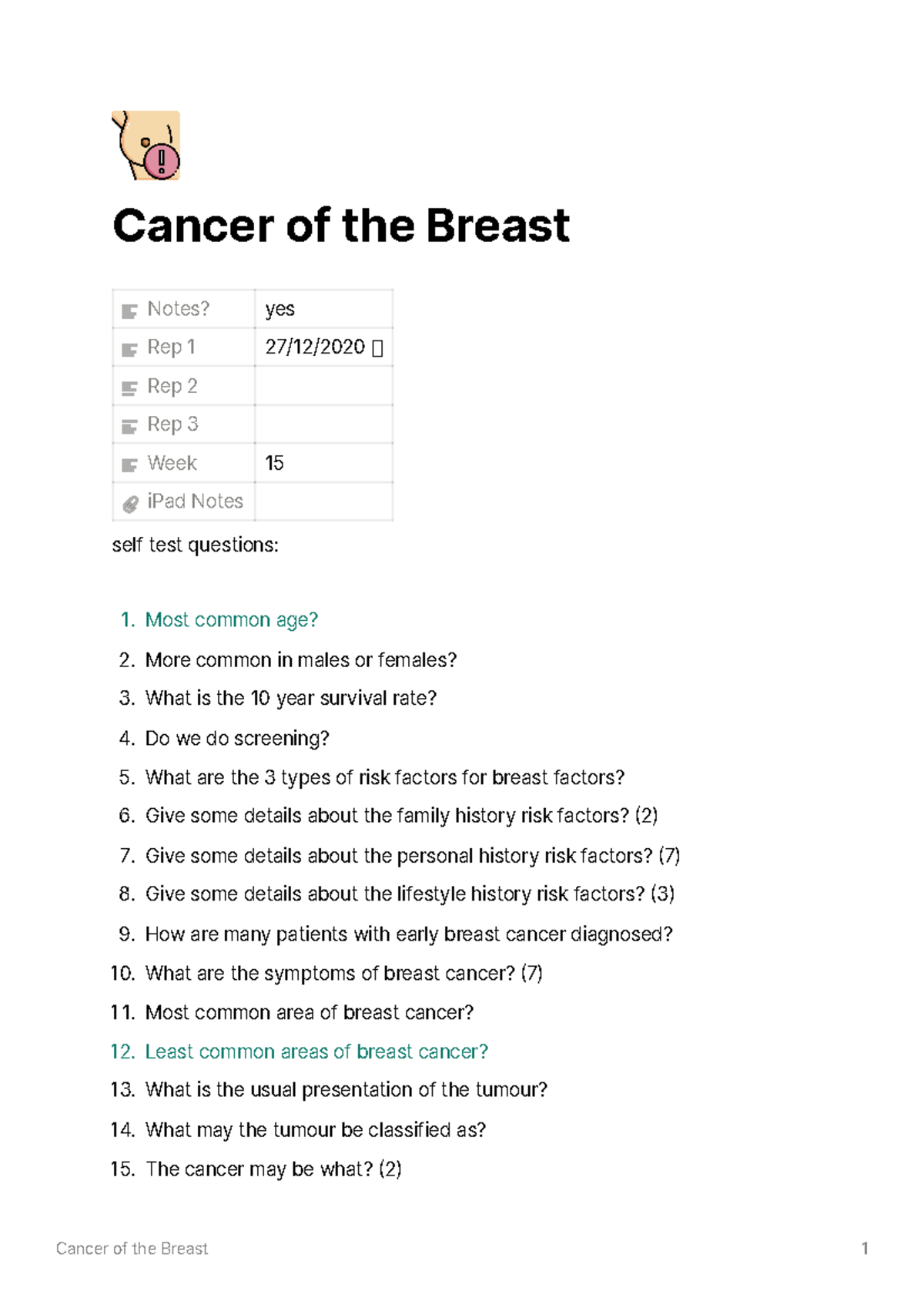 Cancer of the Breast - Cancer of the Breast Notes? yes Rep 1 27/12/2020 ...