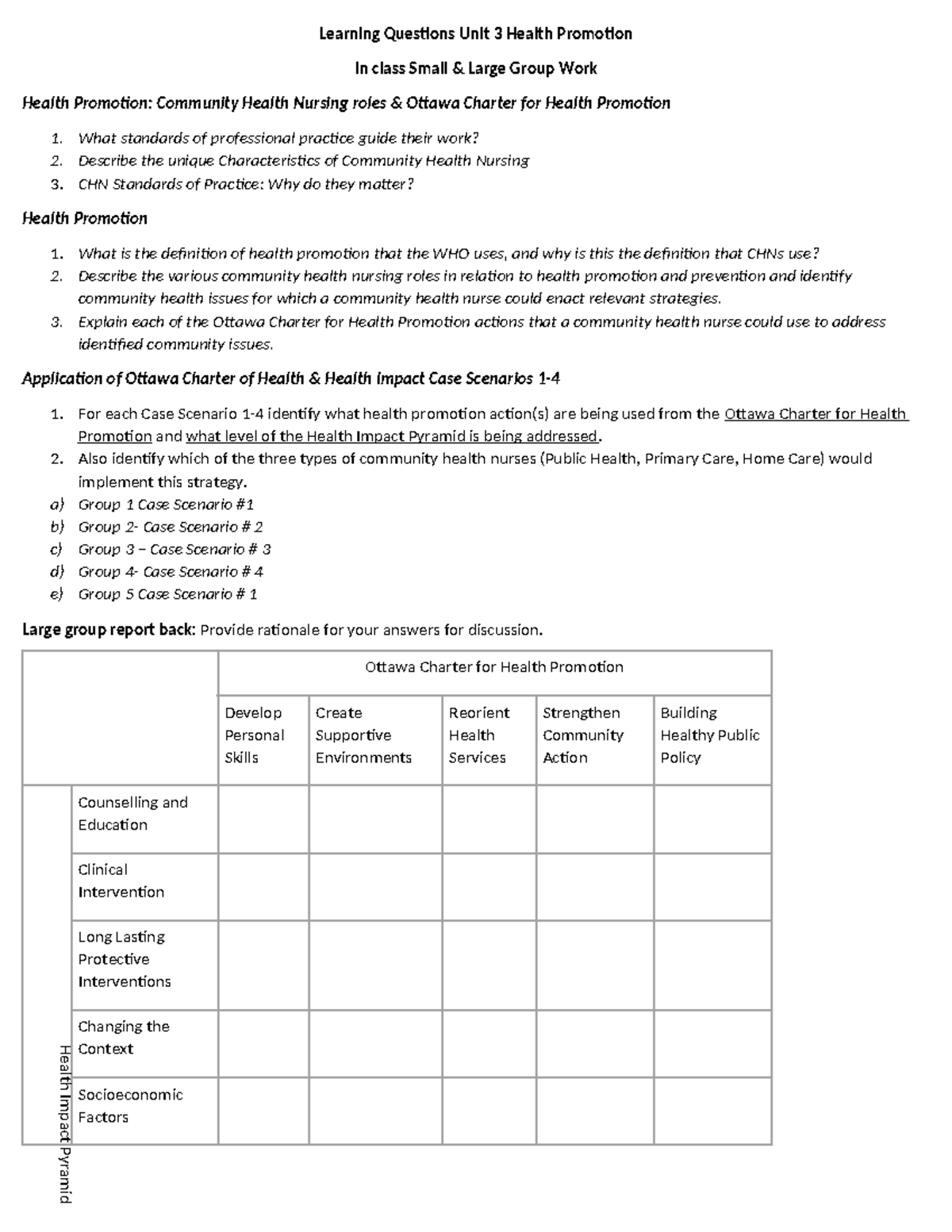 Revised In class learning activities CHN & Health Promotion Learning