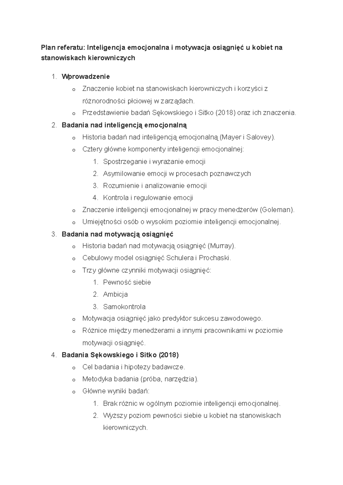 Plan referatu - Streszczenie Psychologia emocji i motywacji - Plan