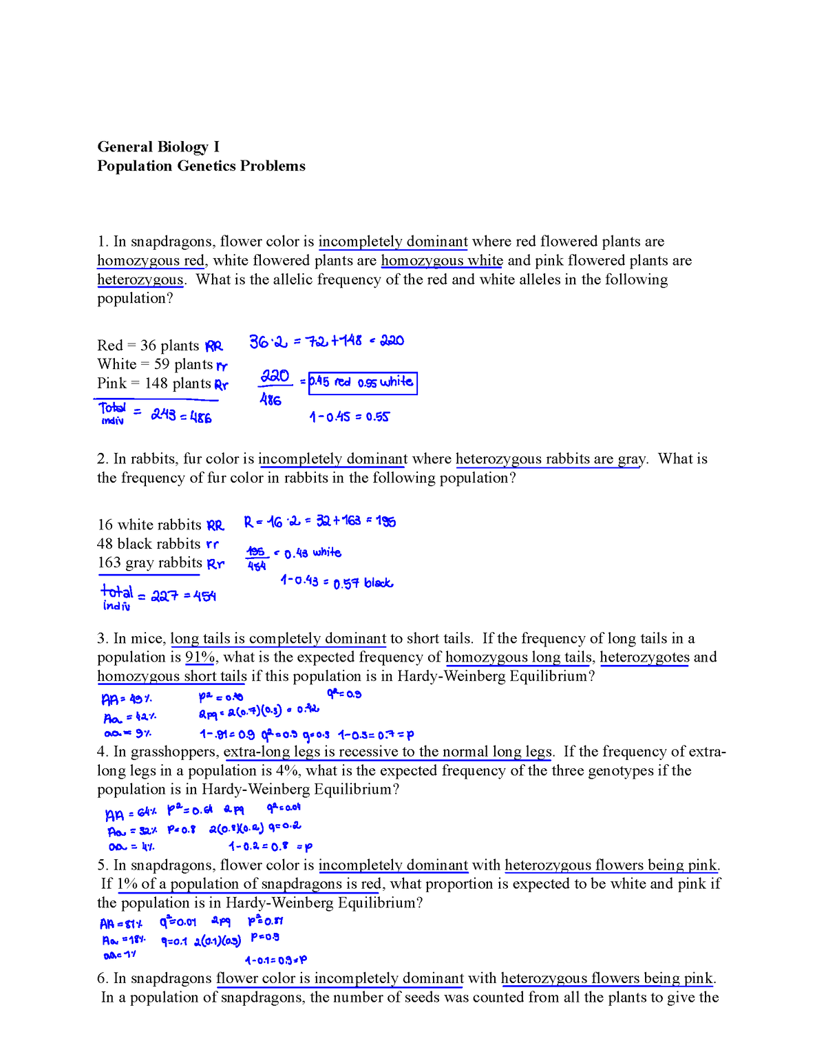 Biology 224 - Sample Genetics Problems Practice Dr.Brothy - General ...