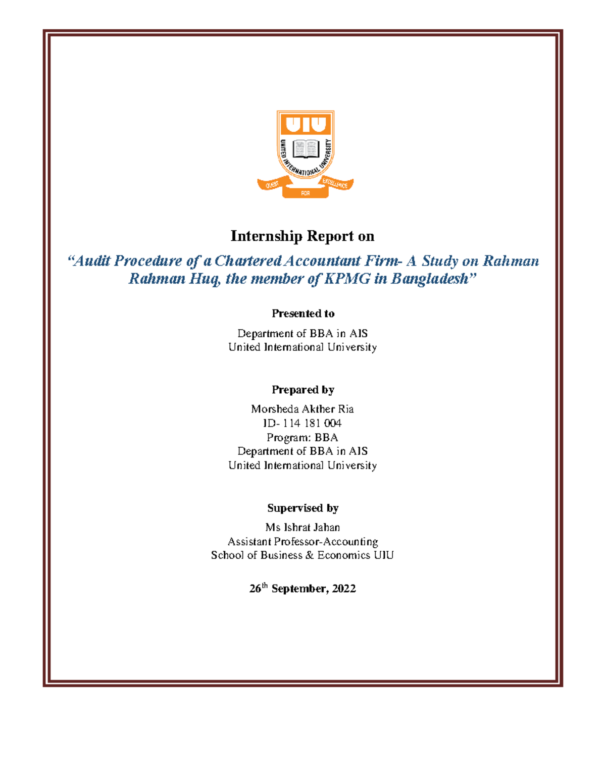 10862716 Good Paper Internship Report on “Audit Procedure of a