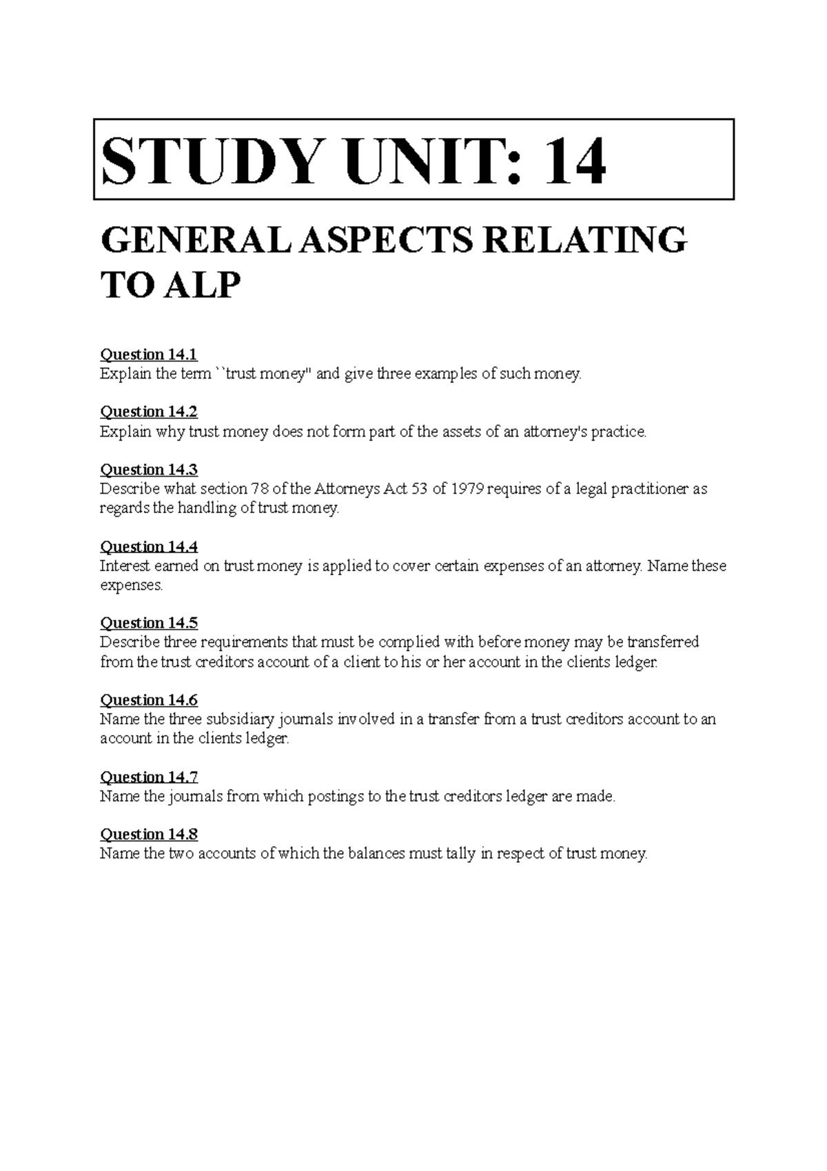 FAC1503 Study units 14 16 theory STUDY UNIT 14 GENERAL ASPECTS