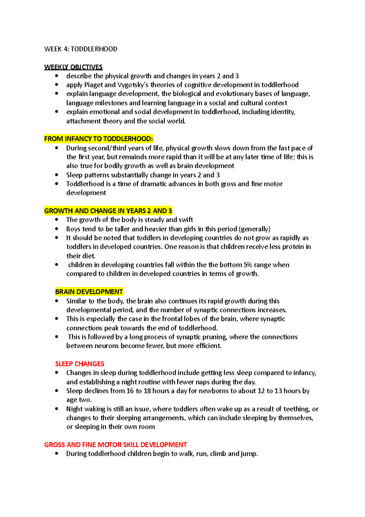 Devlopmental psyc notes week 4 - WEEK 4: TODDLERHOOD WEEKLY OBJCTIVES ...