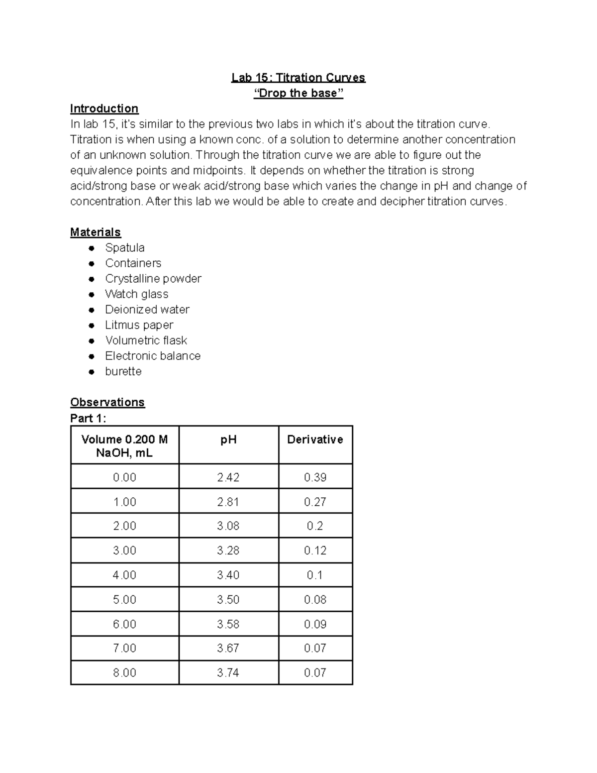 Lab Report 15 + 16 Lab 15 Titration Curves “Drop the base