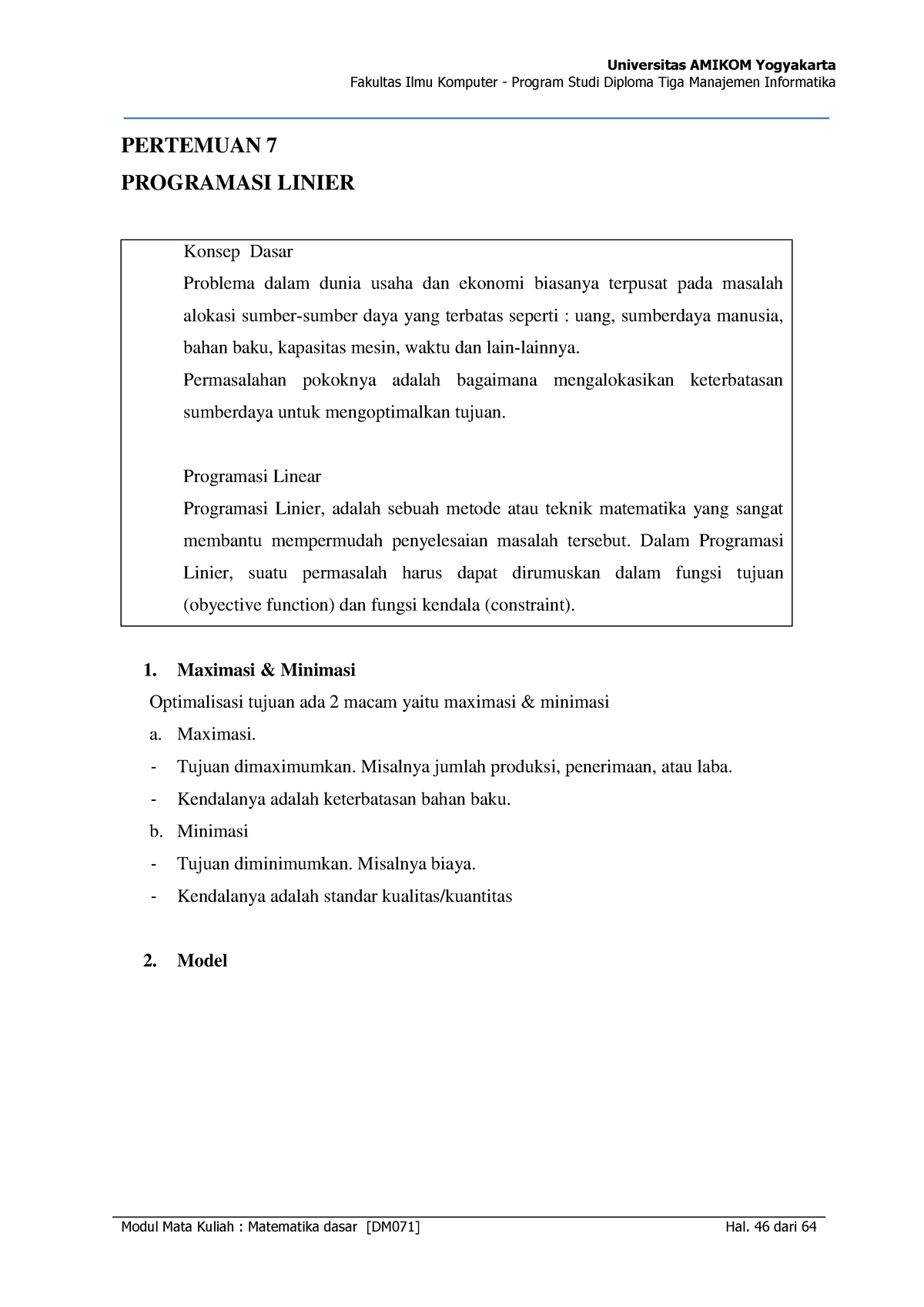 Modul Matematika Dasar-PROGRAMASI LINIER - Fakultas Ilmu Komputer ...