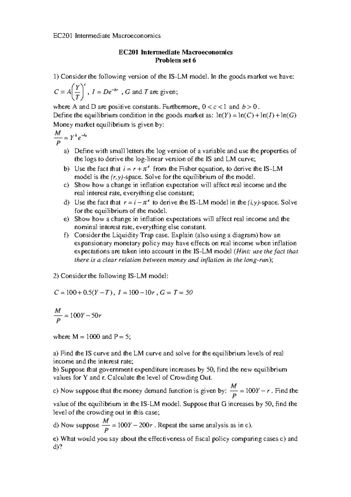 EC201 lecture notes Class 6 - EC201 Intermediate Macroeconomics EC201 ...