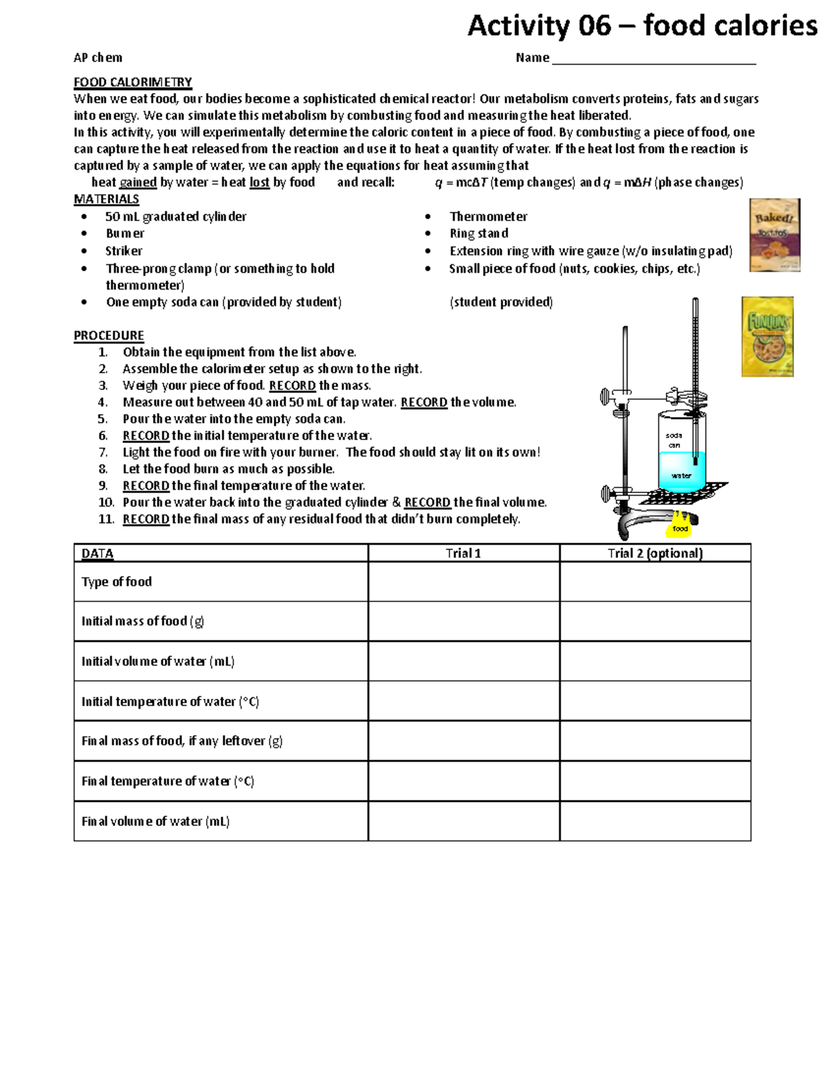 07food calorimetry asdas AP chem Name