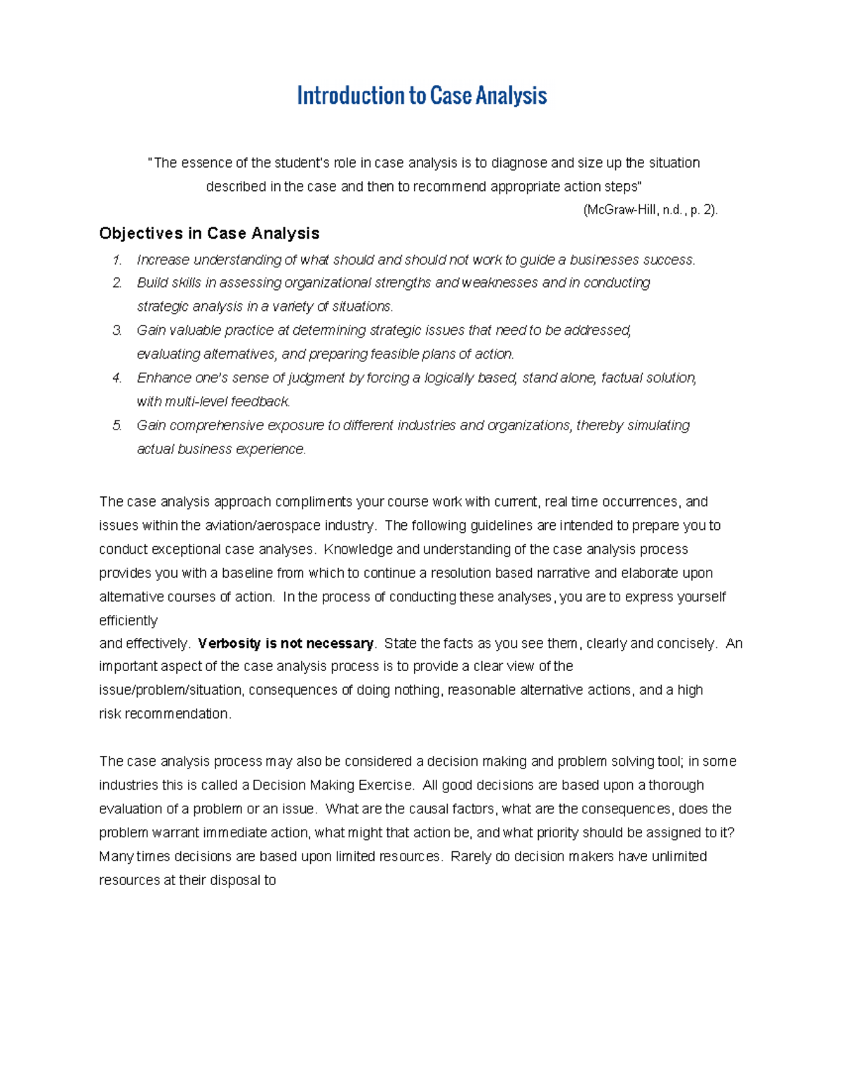 Case Analysis Introduction process - “The essence of the student’s role ...