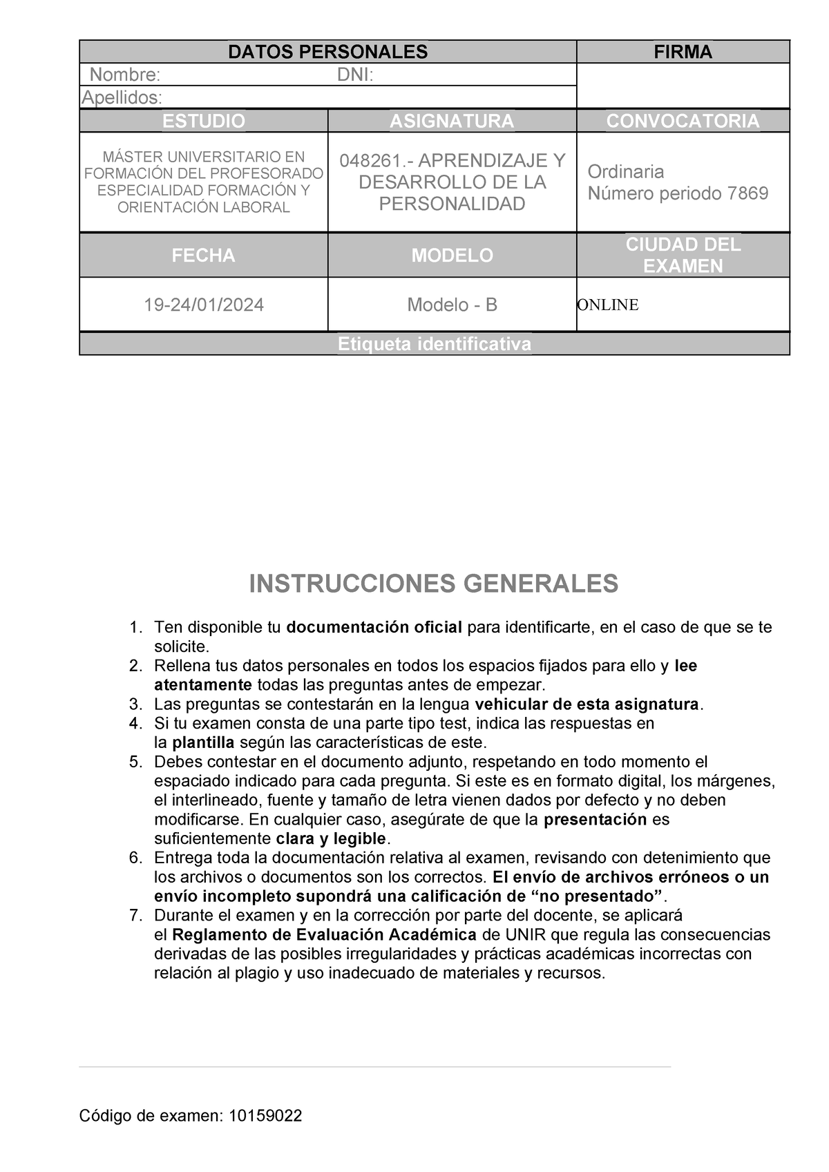 Plantilla Examen Aprendizaje Modelo B - DATOS PERSONALES FIRMA Nombre ...