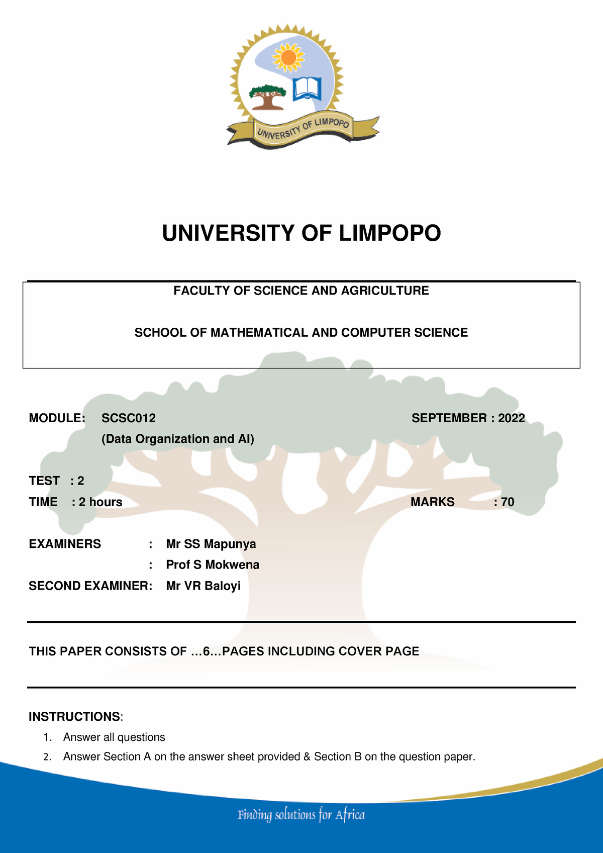 2 Test 2 SCSC012 - TEST2 - UNIVERSITY OF LIMPOPO FACULTY OF SCIENCE AND ...