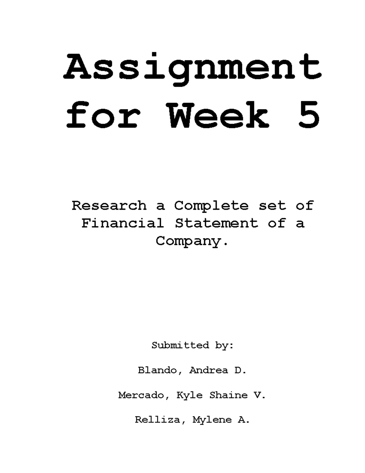 Assignment FOR WEEK 5 Blando Mercado Relliza - Assignment for Week 5 ...