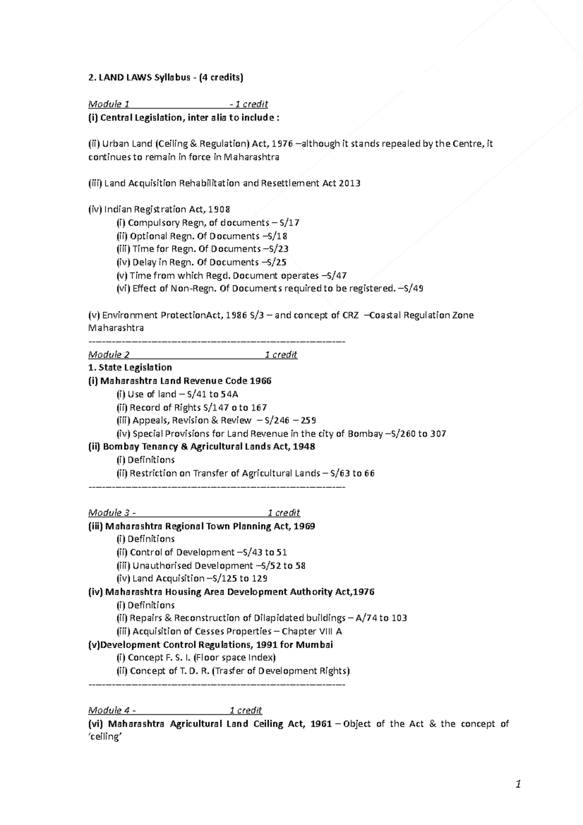 landlaws syllabus + long answers LAND LAWS Syllabus (4 credits