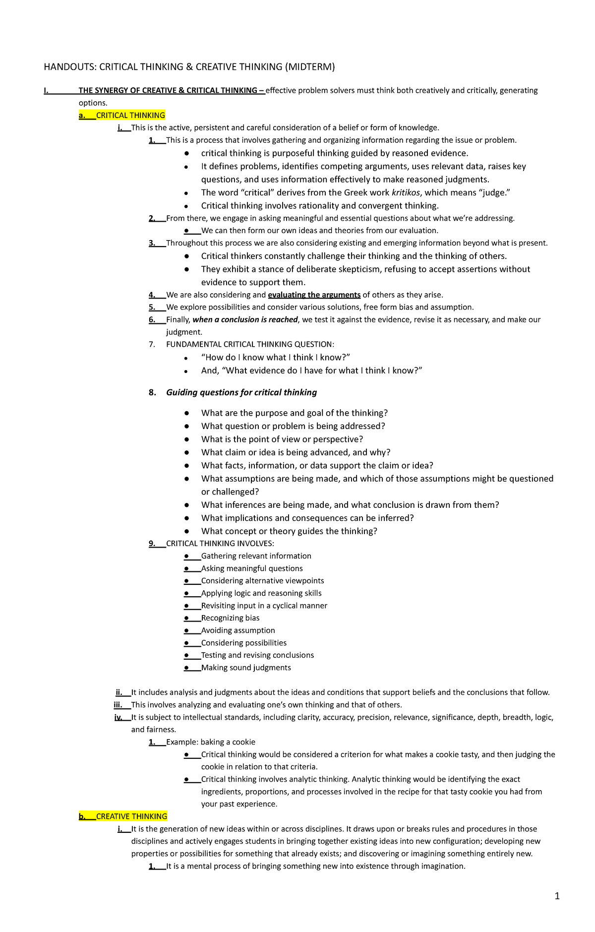 creative and critical thinking notes pdf