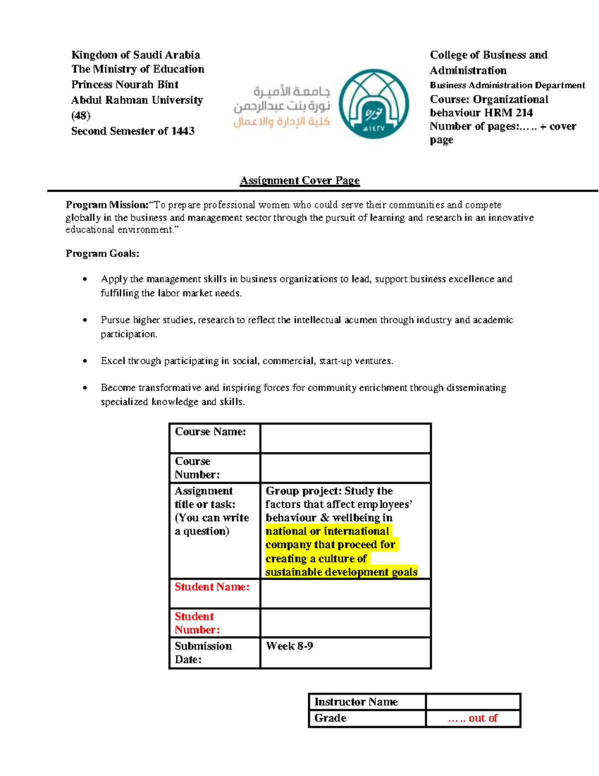 Organizational Behaviour group project Description - Assignment Cover ...