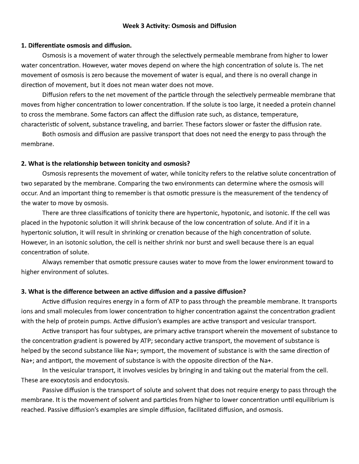 Diffusion and osmosis - Week 3 Activity: Osmosis and Diffusion 1 ...