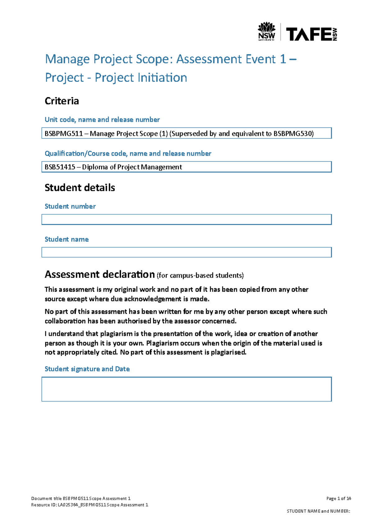 LA025365 Bsbpmg 511 AE Pro 1of2 - Manage Project Scope: Assessment ...