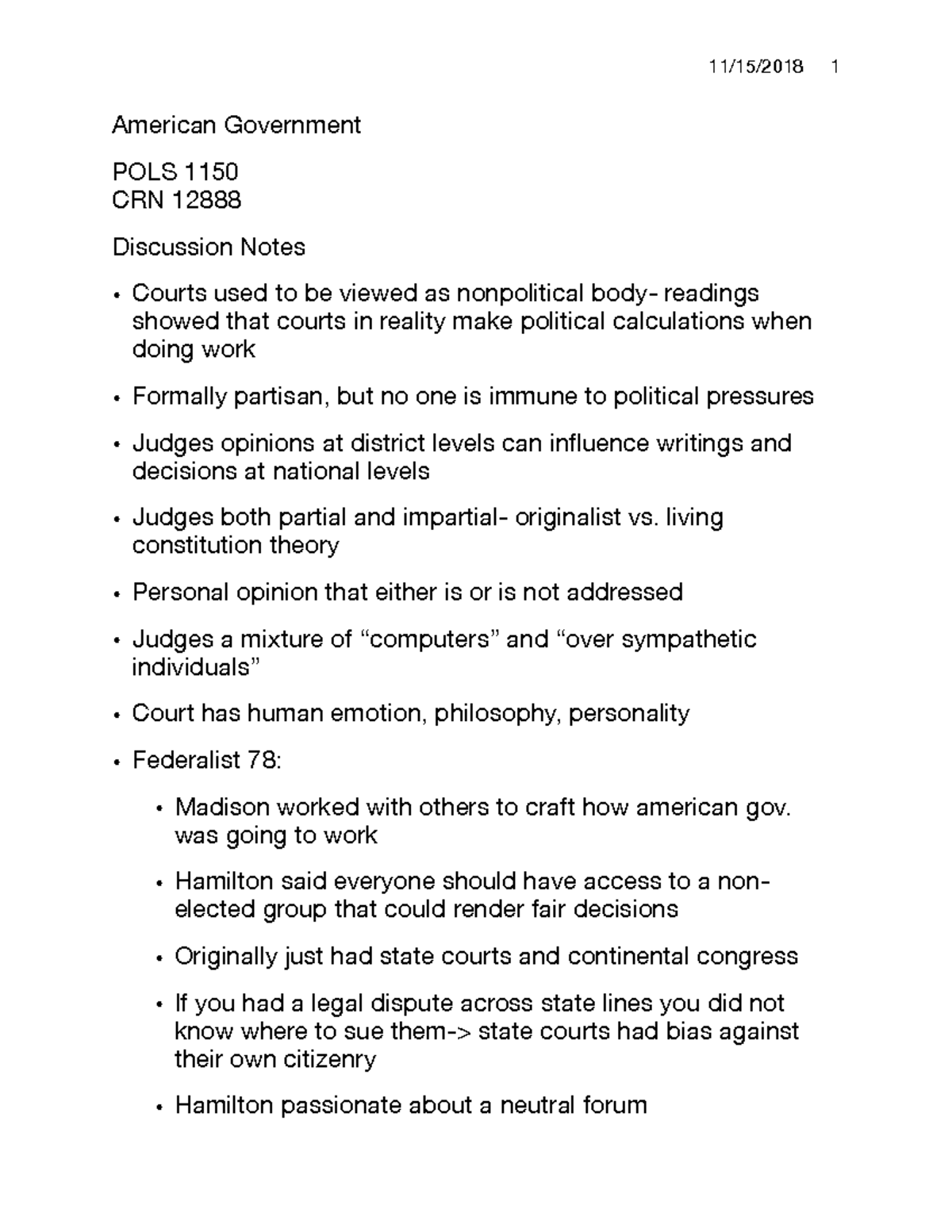 11:15 Class Notes - American Government POLS 1150 CRN 12888 Discussion ...