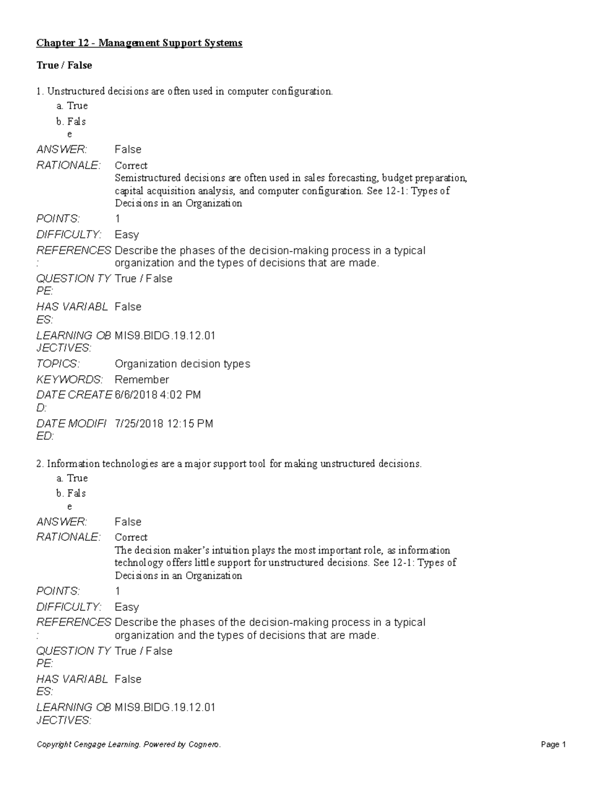 Chapter 12 Management Support Systems - True / False Unstructured ...