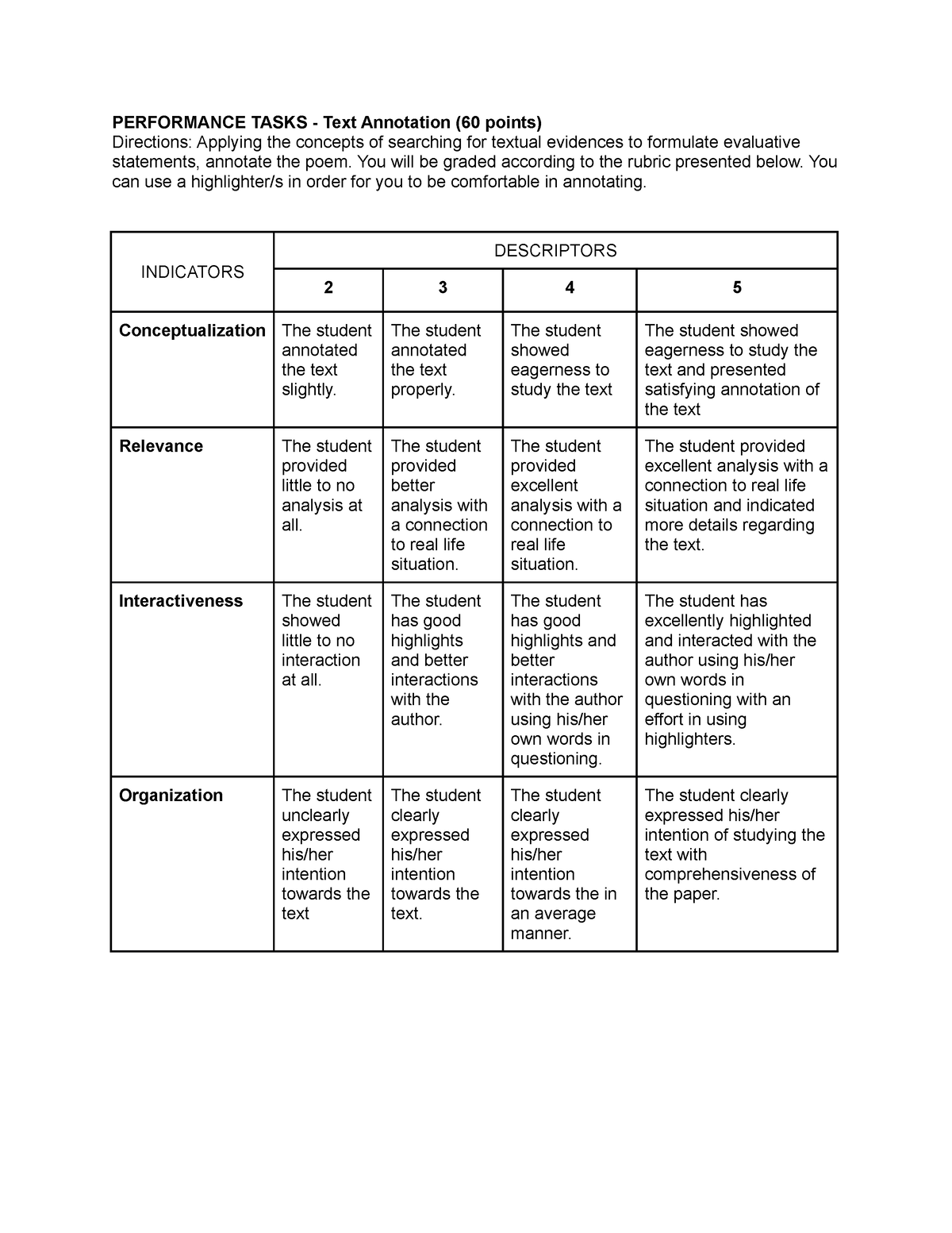 Performance Tasks Annotation - PERFORMANCE TASKS - Text Annotation (60 ...