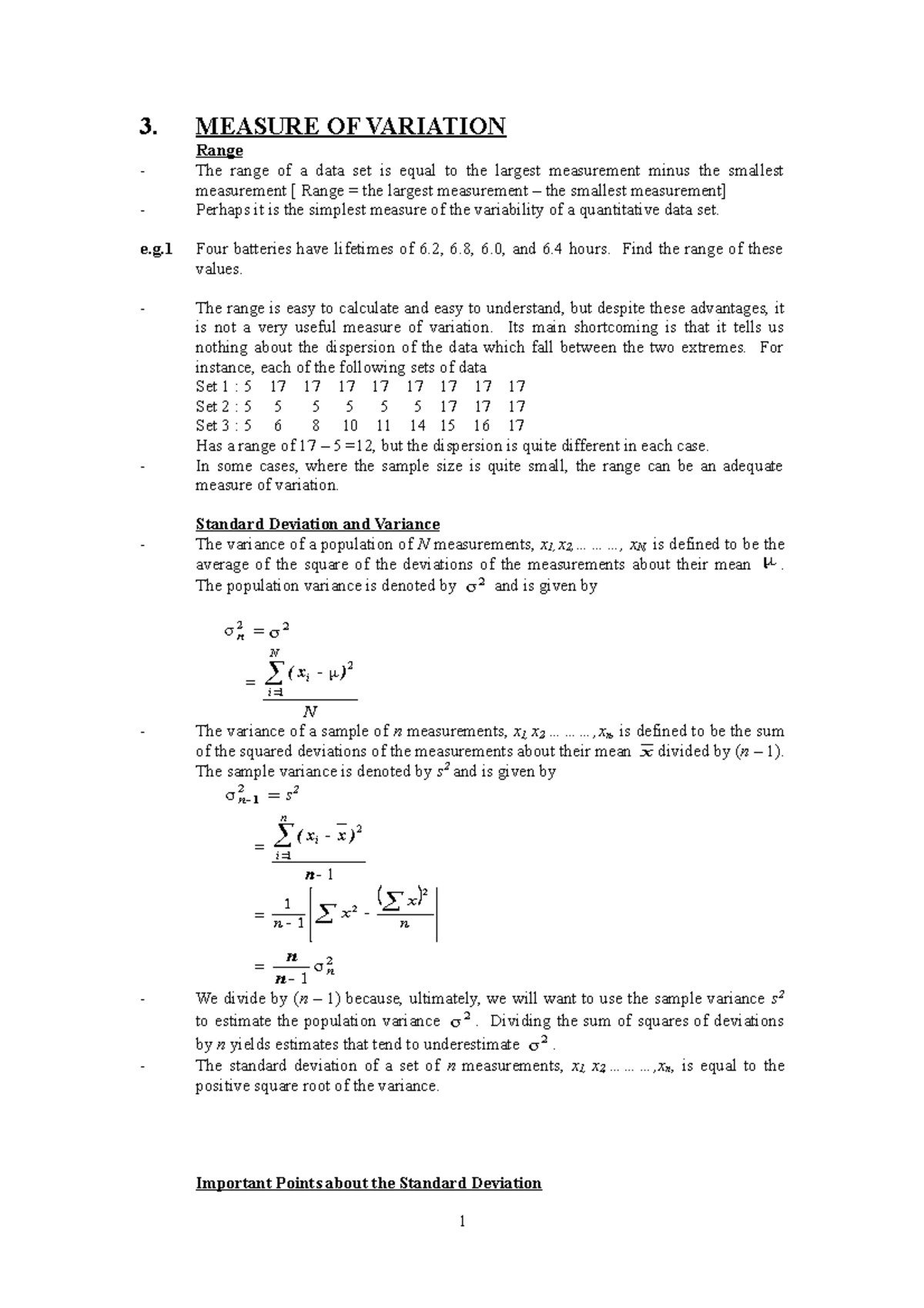 Chapter 3 219 3 MEASURE OF VARIATION Range The Range Of A Data Set 