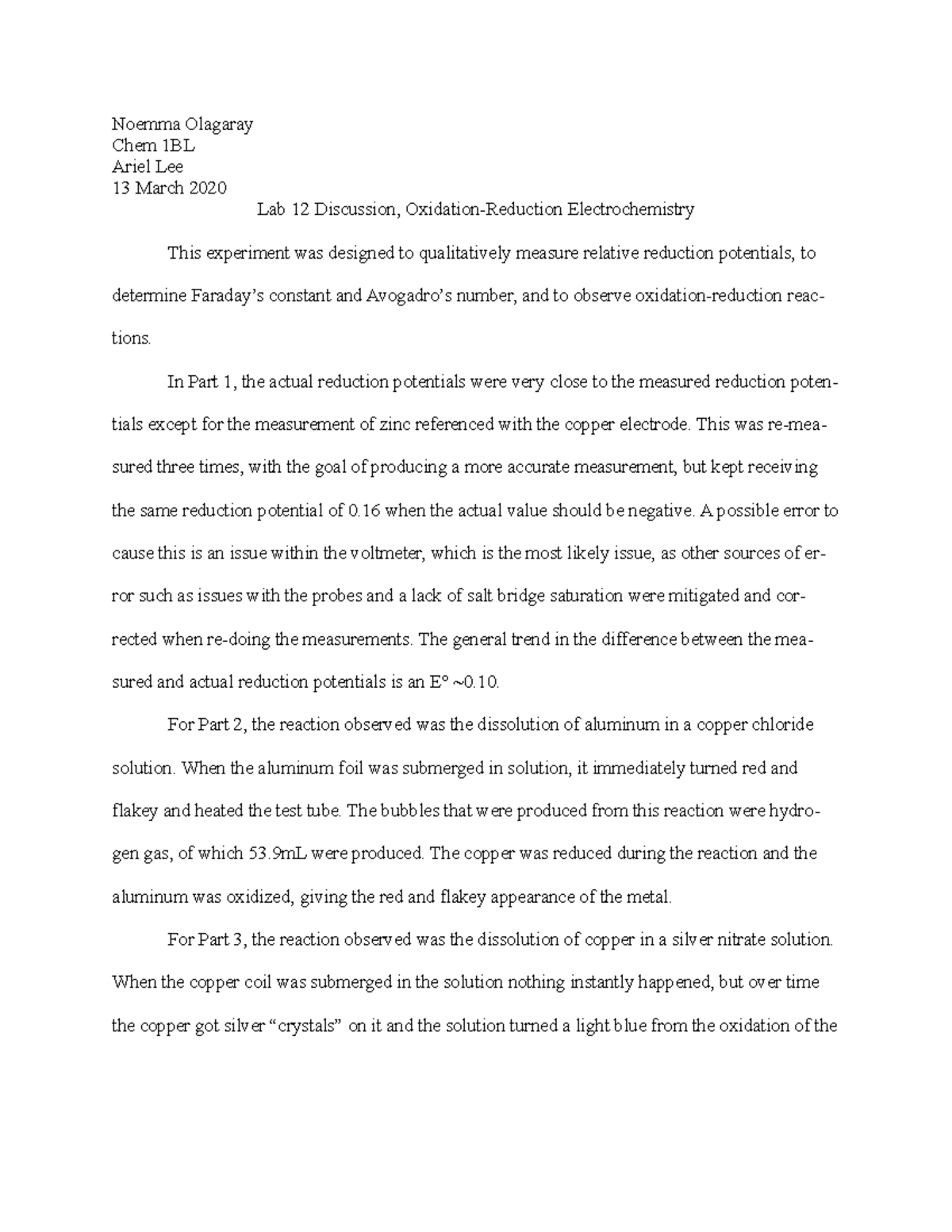 Experiment 12 Discussion Noemma Olagaray Chem 1bl Ariel Lee 13 March