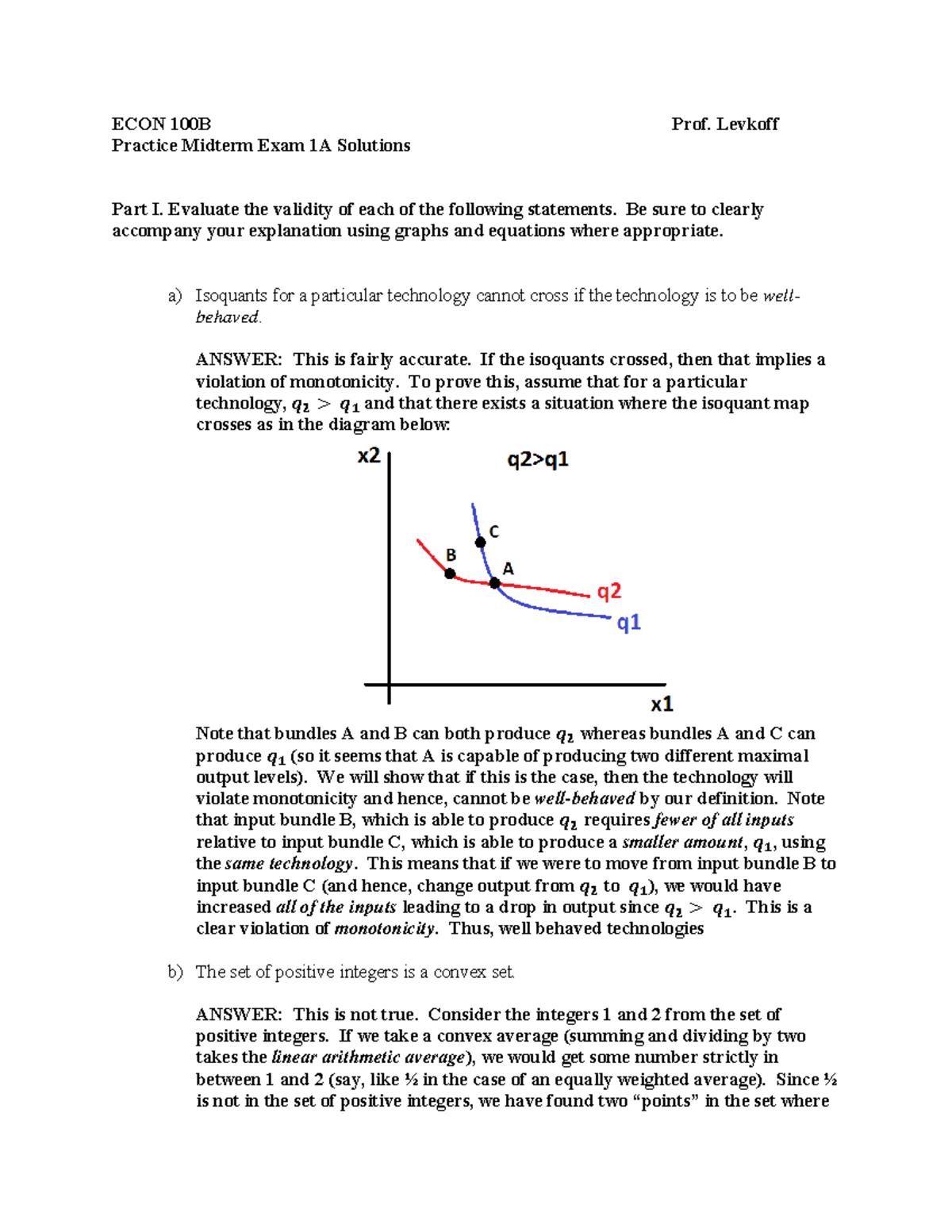 Practice Midterm Exam 1A Solutions - ECON 100B Prof. Levkoff Practice ...