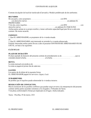Contrato Simple DE Alquiler - CONTRATO DE ALQUILER Contrato de alquiler de  local de Autolavado - Studocu