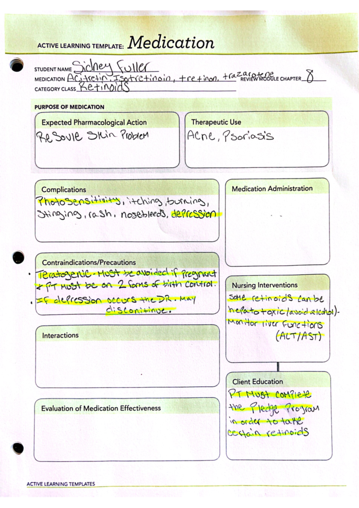 MOD 8 flashcards - Med cards - ACTIVE LEARNING TEMPLATE: Medication ...